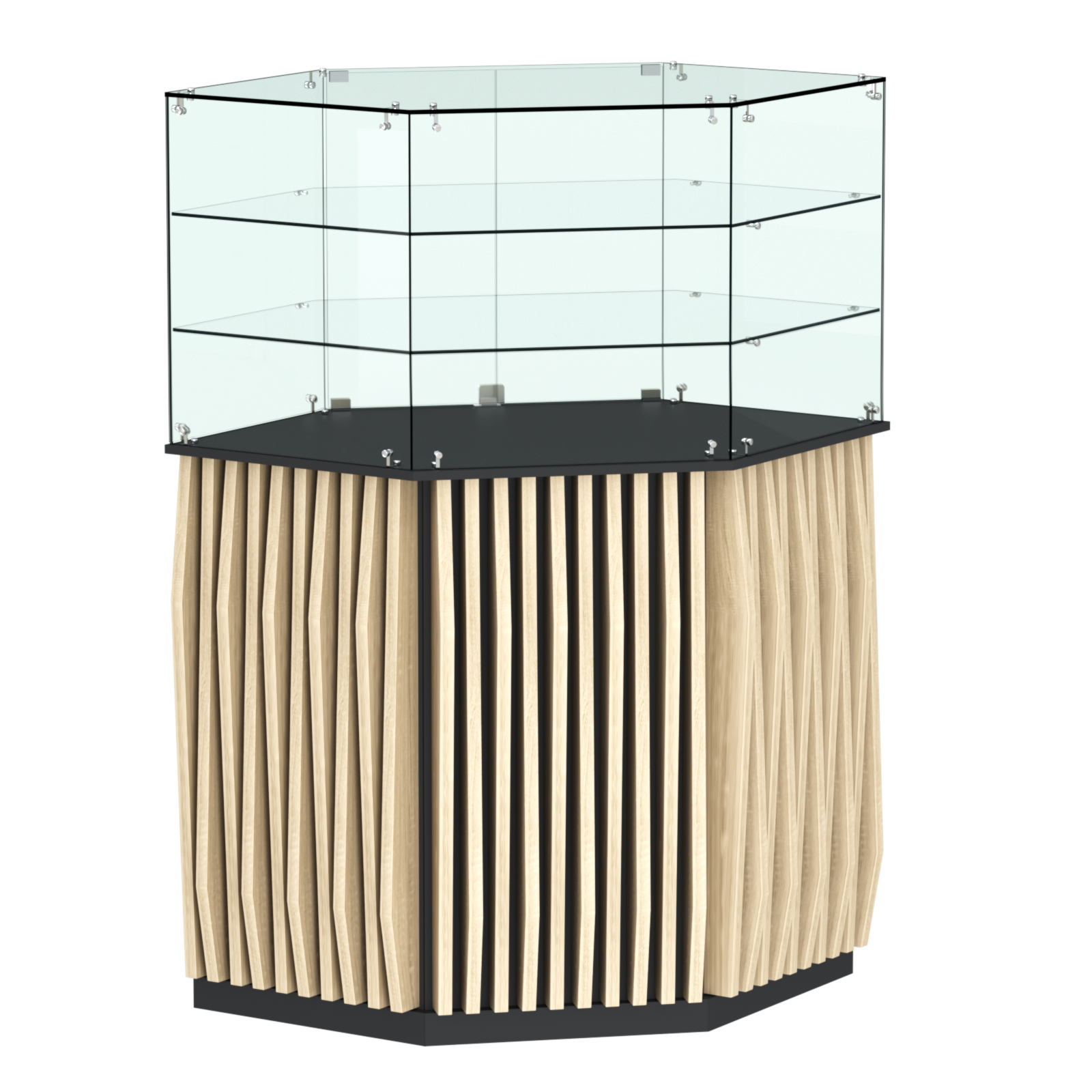 Торговый прилавок шестигранный с планками и двумя полками ОРНАМЕНТ №8 Черный + Дуб Сонома