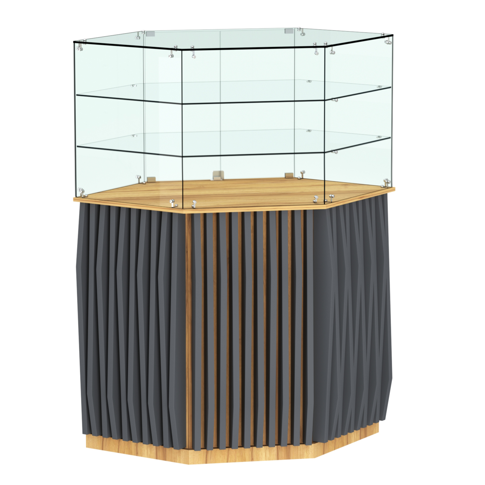 Торговый прилавок шестигранный с планками и двумя полками ОРНАМЕНТ №8 Дуб Золотистый и Темно-Серый