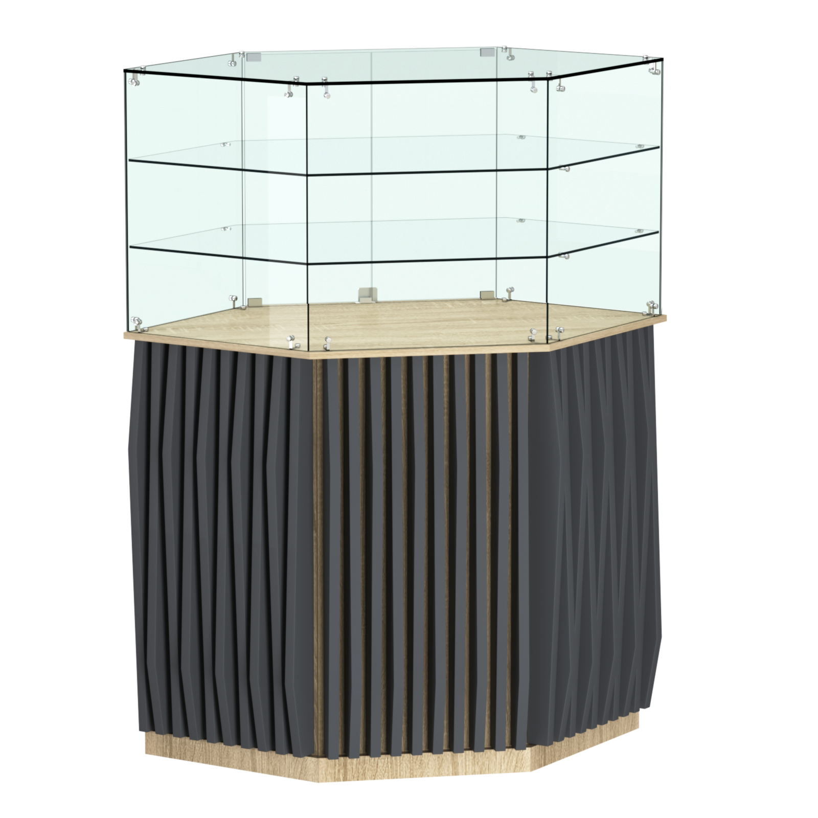 Торговый прилавок шестигранный с планками и двумя полками ОРНАМЕНТ №8 Дуб Сонома и Темно-Серый 5-U2601