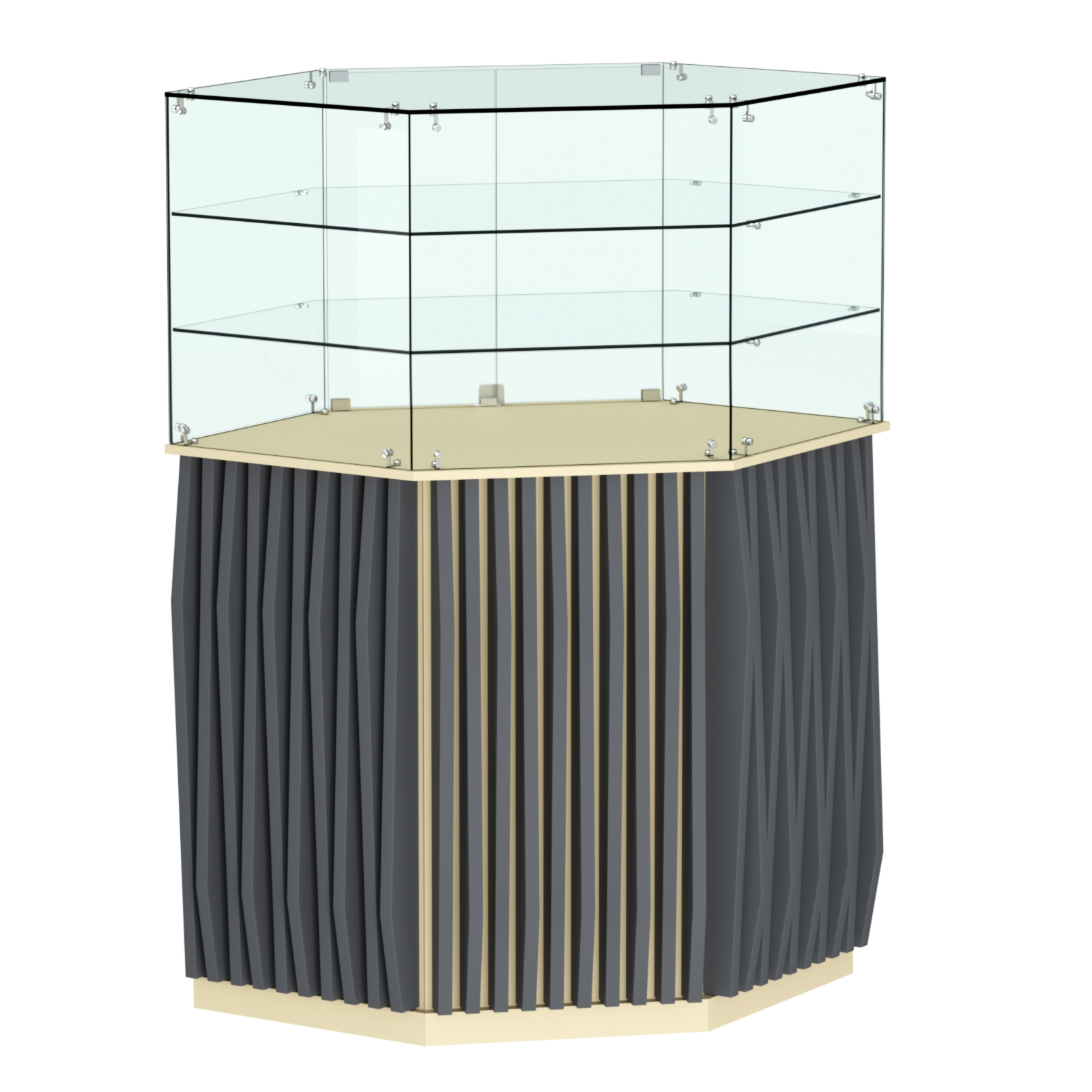 Торговый прилавок шестигранный с планками и двумя полками ОРНАМЕНТ №8 Крем Вайс и Темно Серый U2236-U2601