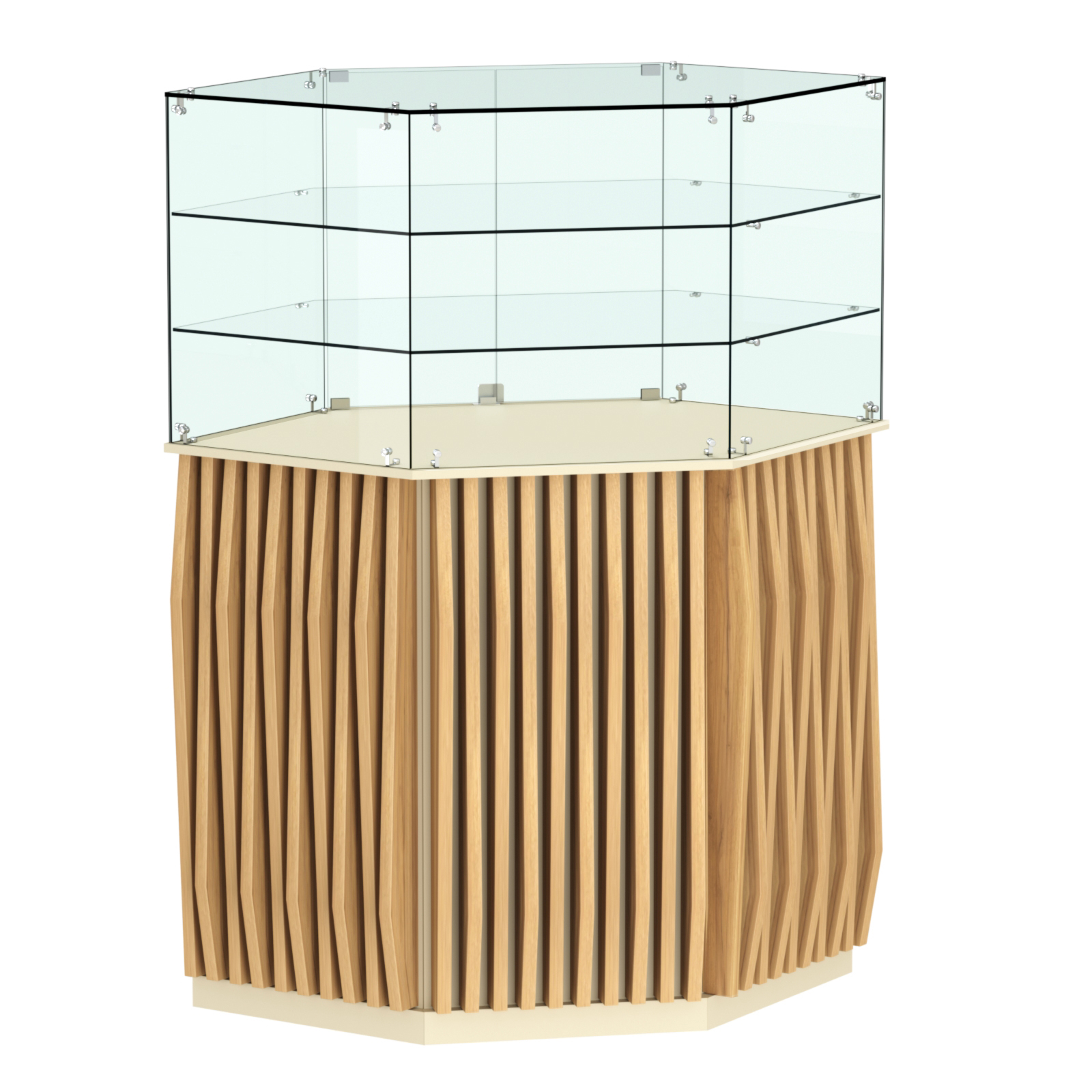 Торговый прилавок шестигранный с планками и двумя полками ОРНАМЕНТ №8 Крем Вайс и Дуб Золотистый