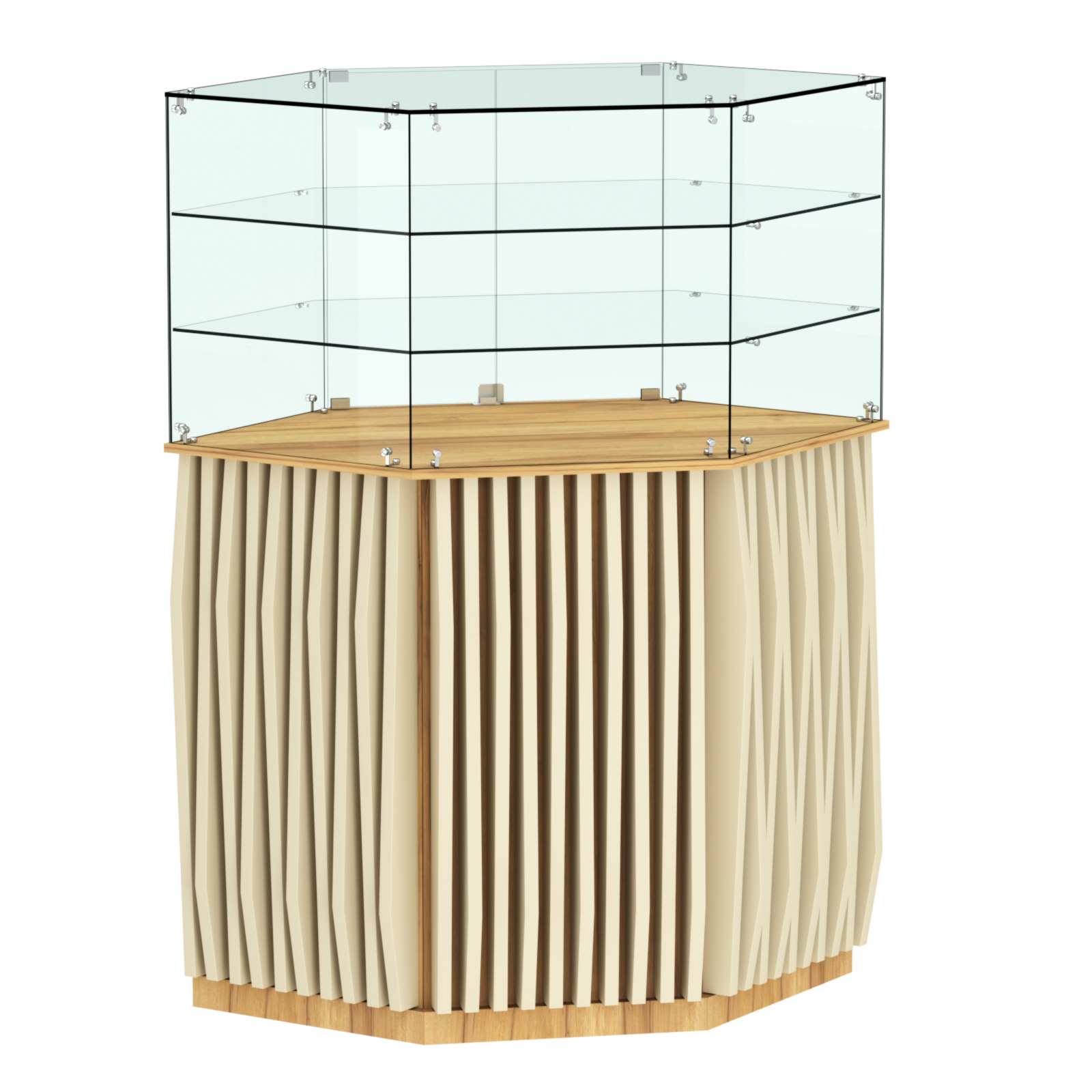 Торговый прилавок шестигранный с планками и двумя полками ОРНАМЕНТ №8 Дуб Золотистый и Крем Вайс