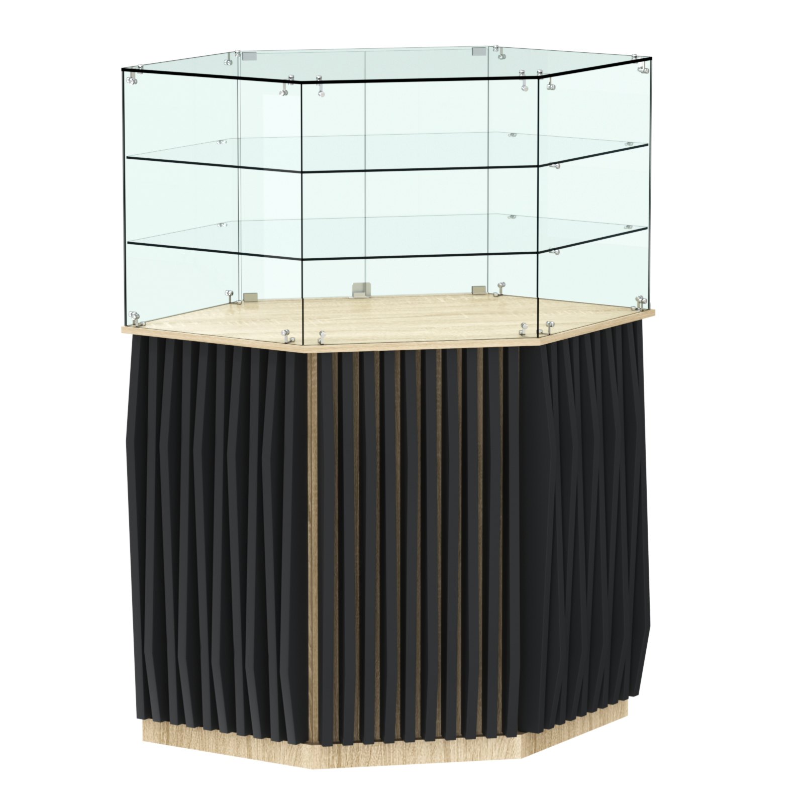 Торговый прилавок шестигранный с планками и двумя полками ОРНАМЕНТ №8 Дуб сонома, Черный