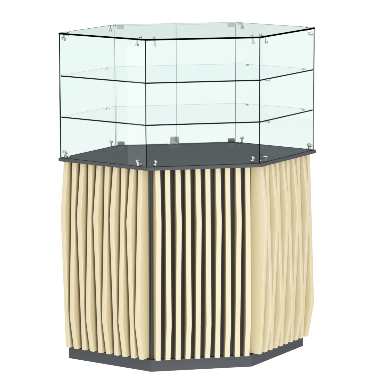 Торговый прилавок шестигранный с планками и двумя полками ОРНАМЕНТ №8 Темно-серый + Крем Вайс