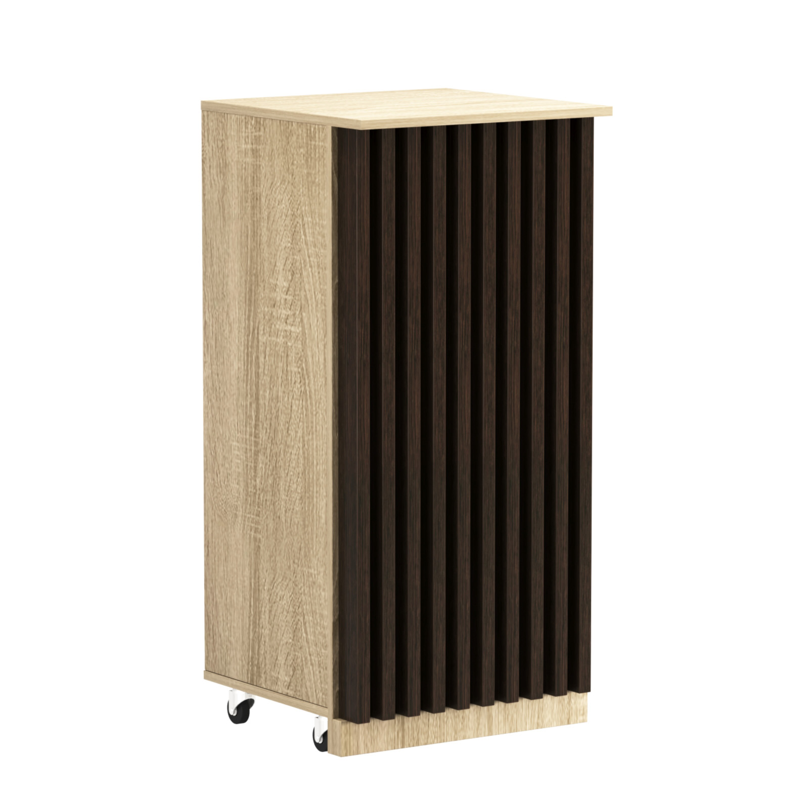 Торговый прилавок под кассу выкатной квадратный с планками серии ОРНАМЕНТ №2 Дуб Сонома + Дуб Венге