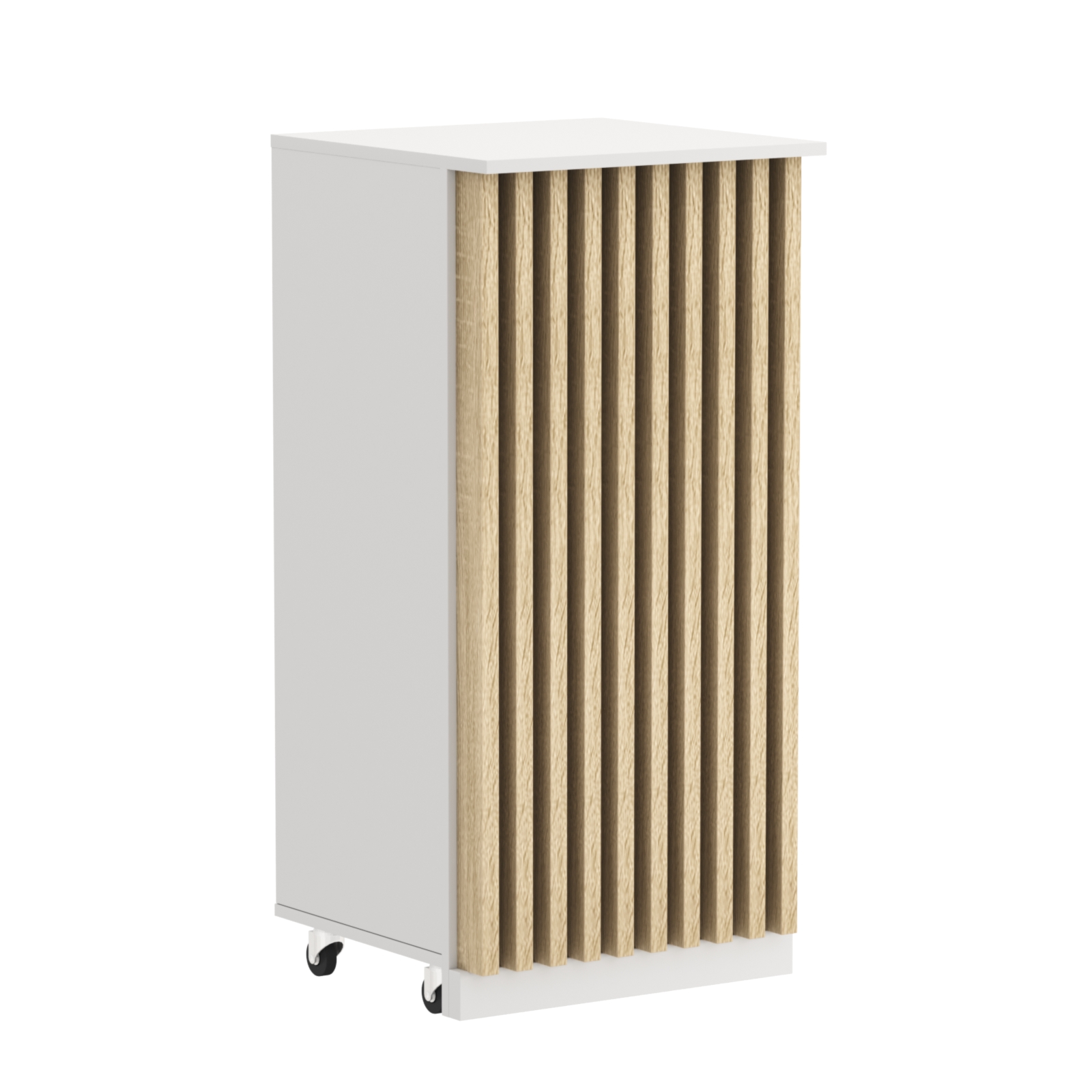 Торговый прилавок под кассу выкатной квадратный с планками серии ОРНАМЕНТ №2 Белый + Дуб Сонома