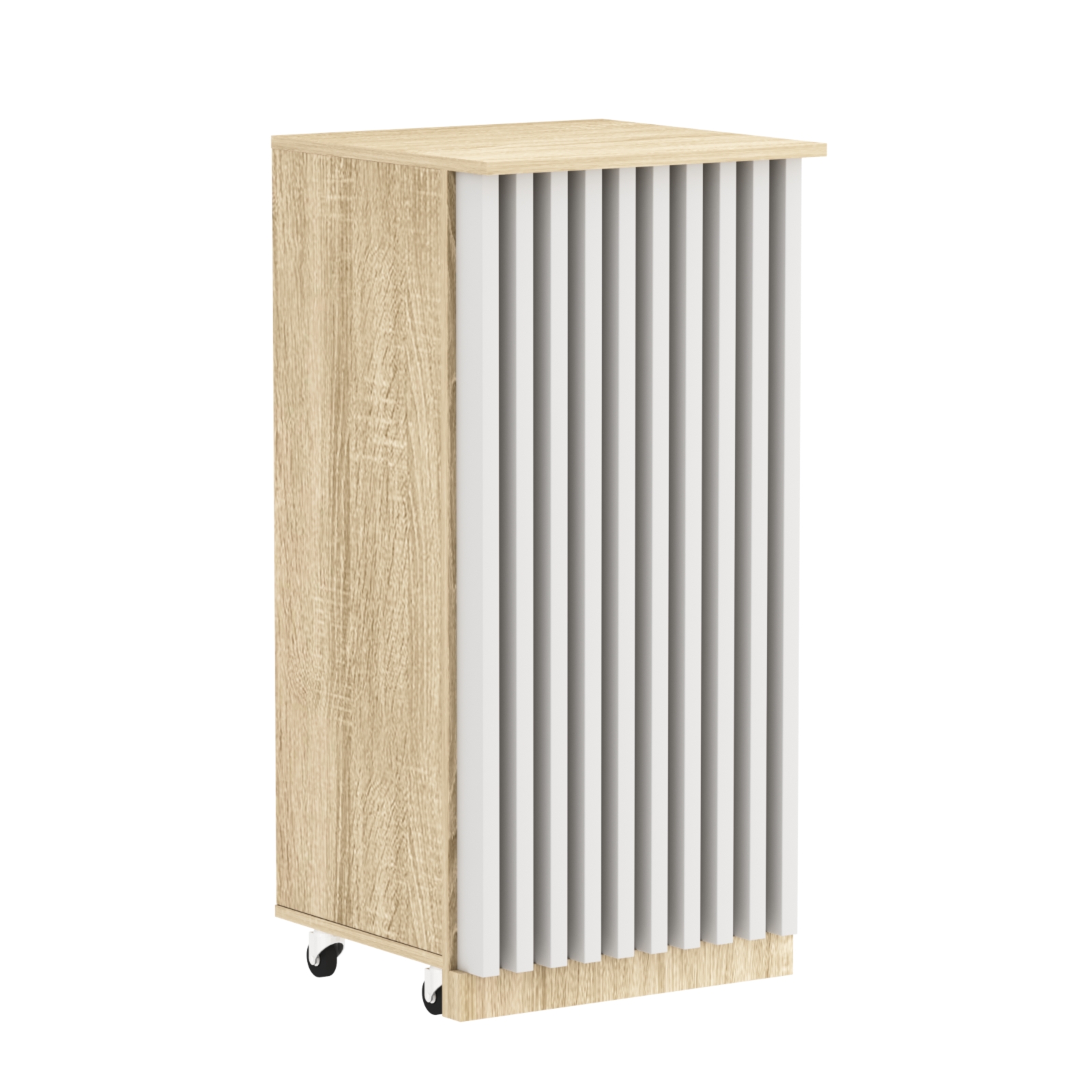 Торговый прилавок под кассу выкатной квадратный с планками серии ОРНАМЕНТ №2 Дуб Сонома + Белый