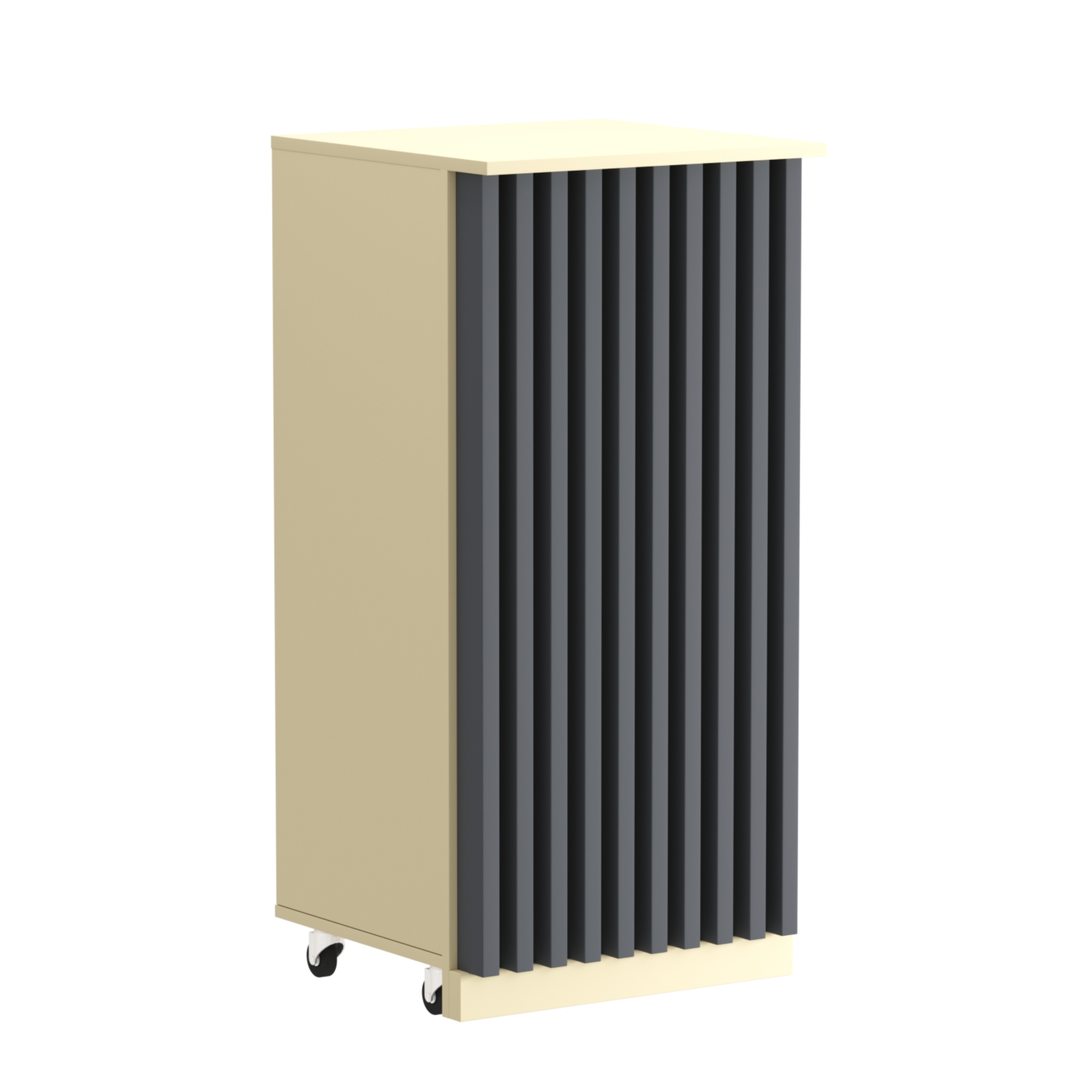 Торговый прилавок под кассу выкатной квадратный с планками серии ОРНАМЕНТ №2 Крем Вайс и Темно Серый U2236-U2601