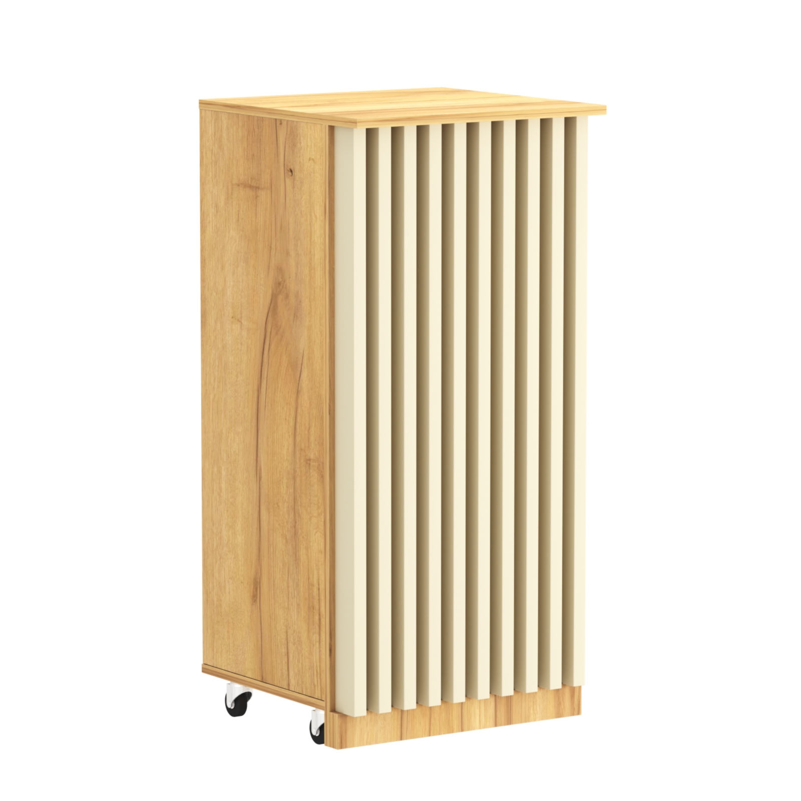 Торговый прилавок под кассу выкатной квадратный с планками серии ОРНАМЕНТ №2 Дуб Золотистый и Крем Вайс