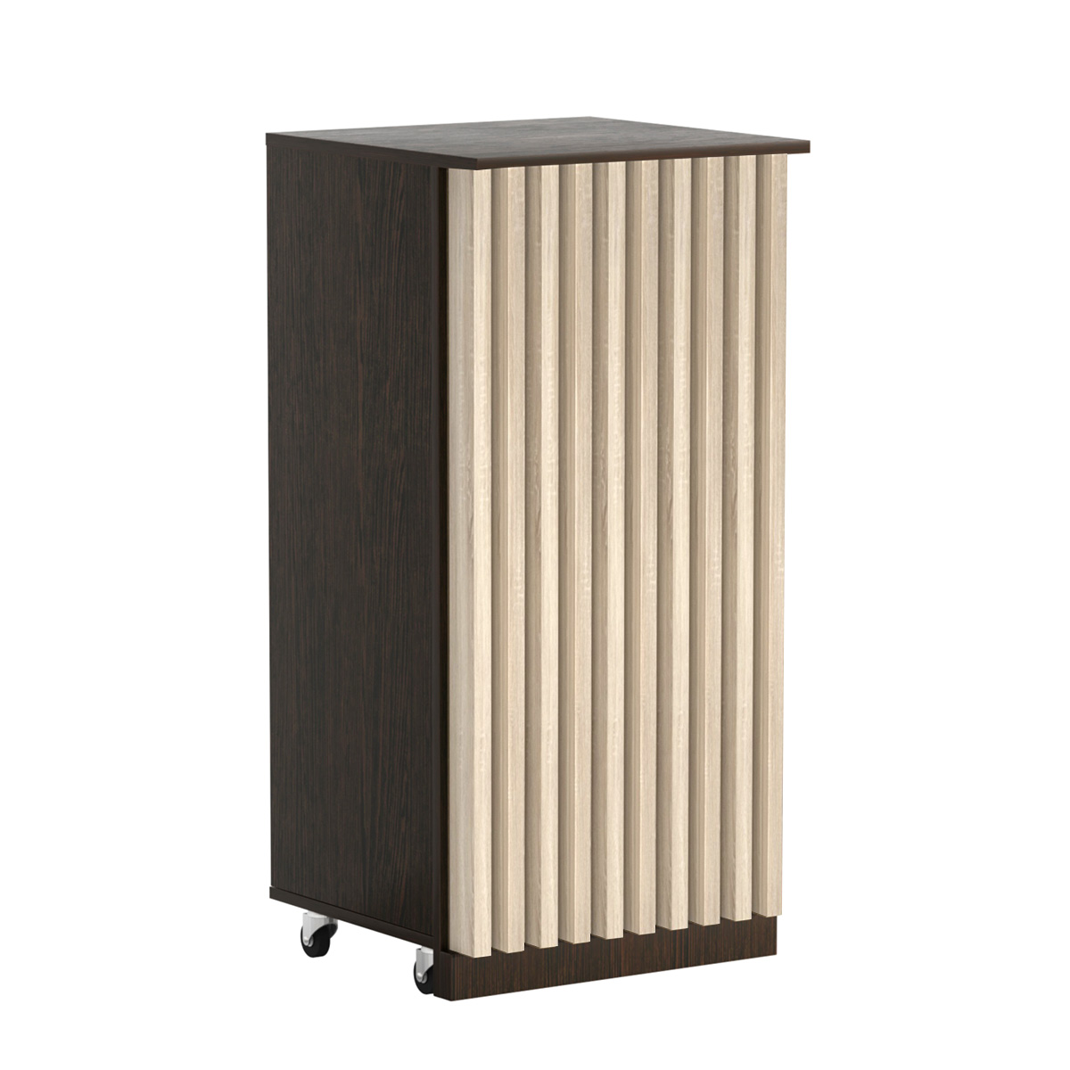 Торговый прилавок под кассу выкатной квадратный с планками серии ОРНАМЕНТ №2 Дуб Венге + Дуб Сонома