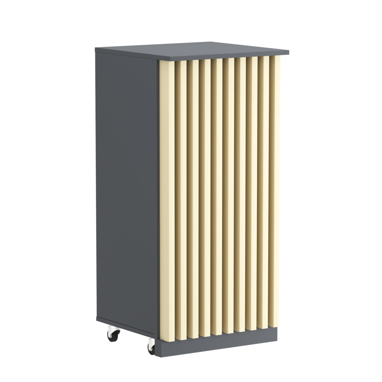 Торговый прилавок под кассу выкатной квадратный с планками серии ОРНАМЕНТ №2 Темно-серый + Крем Вайс