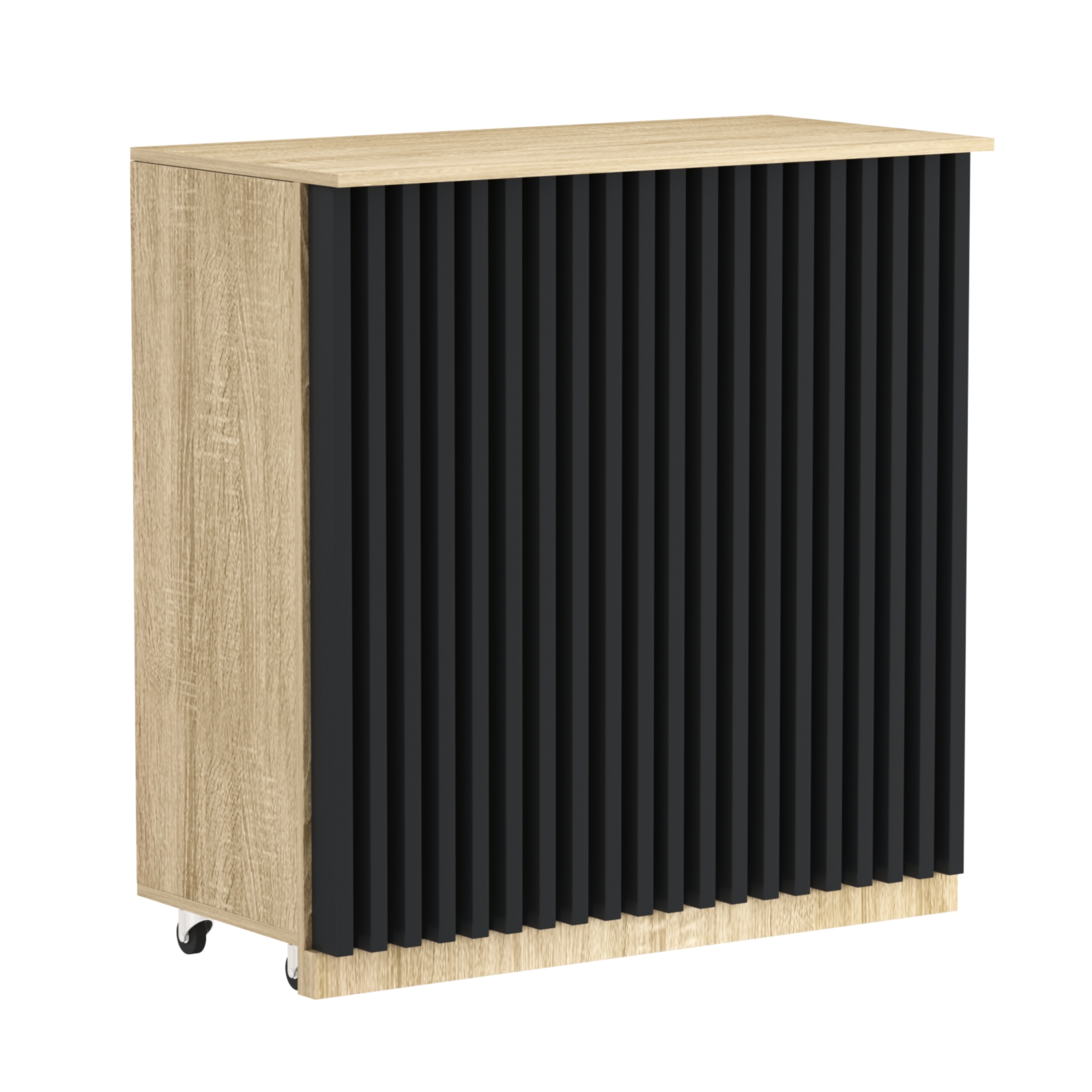 Торговый прилавок под кассу выкатной прямоугольный с планками серии ОРНАМЕНТ №1 Дуб сонома, Черный