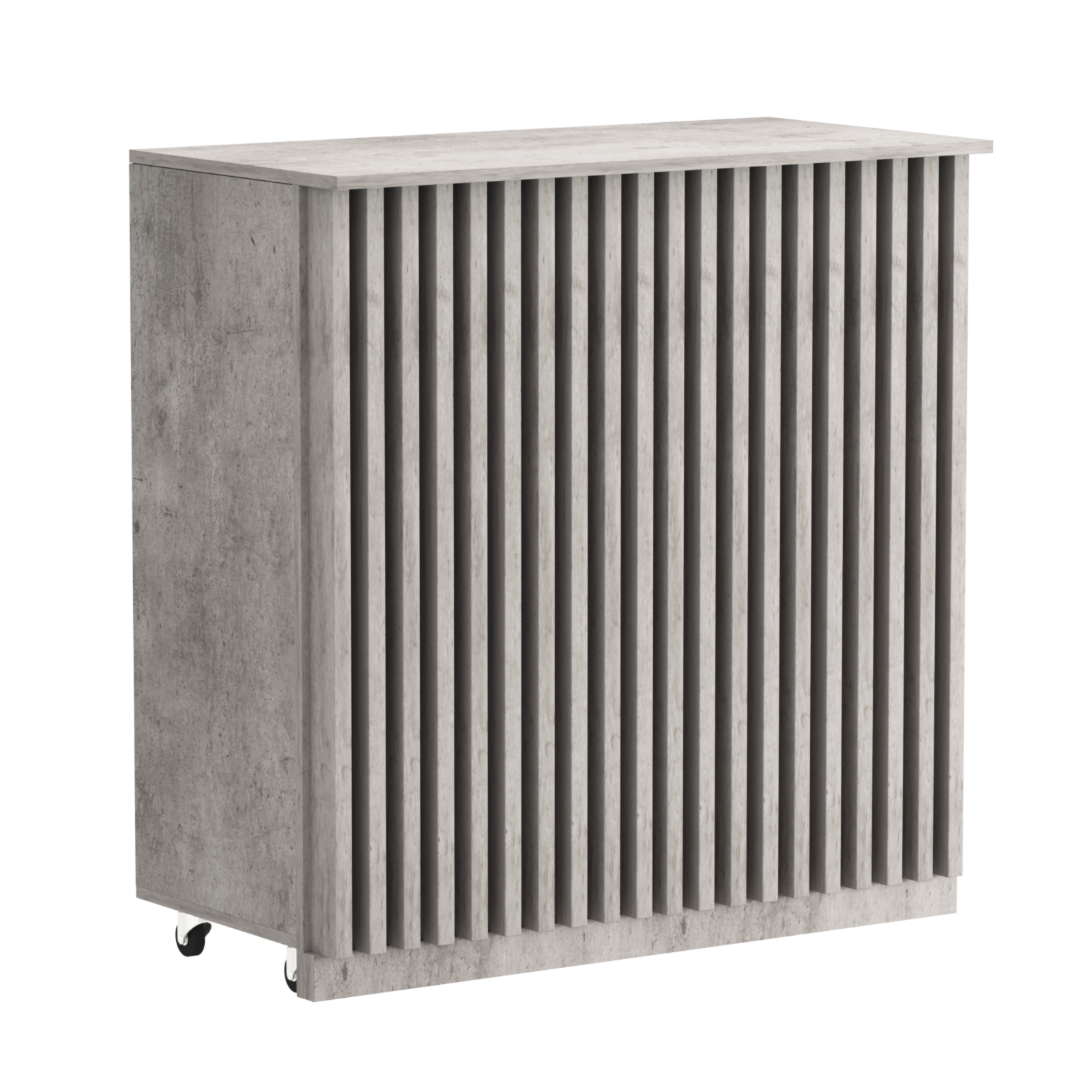 Торговый прилавок под кассу выкатной прямоугольный с планками серии ОРНАМЕНТ №1 Бетон Чикаго светло-серый F186 ST9