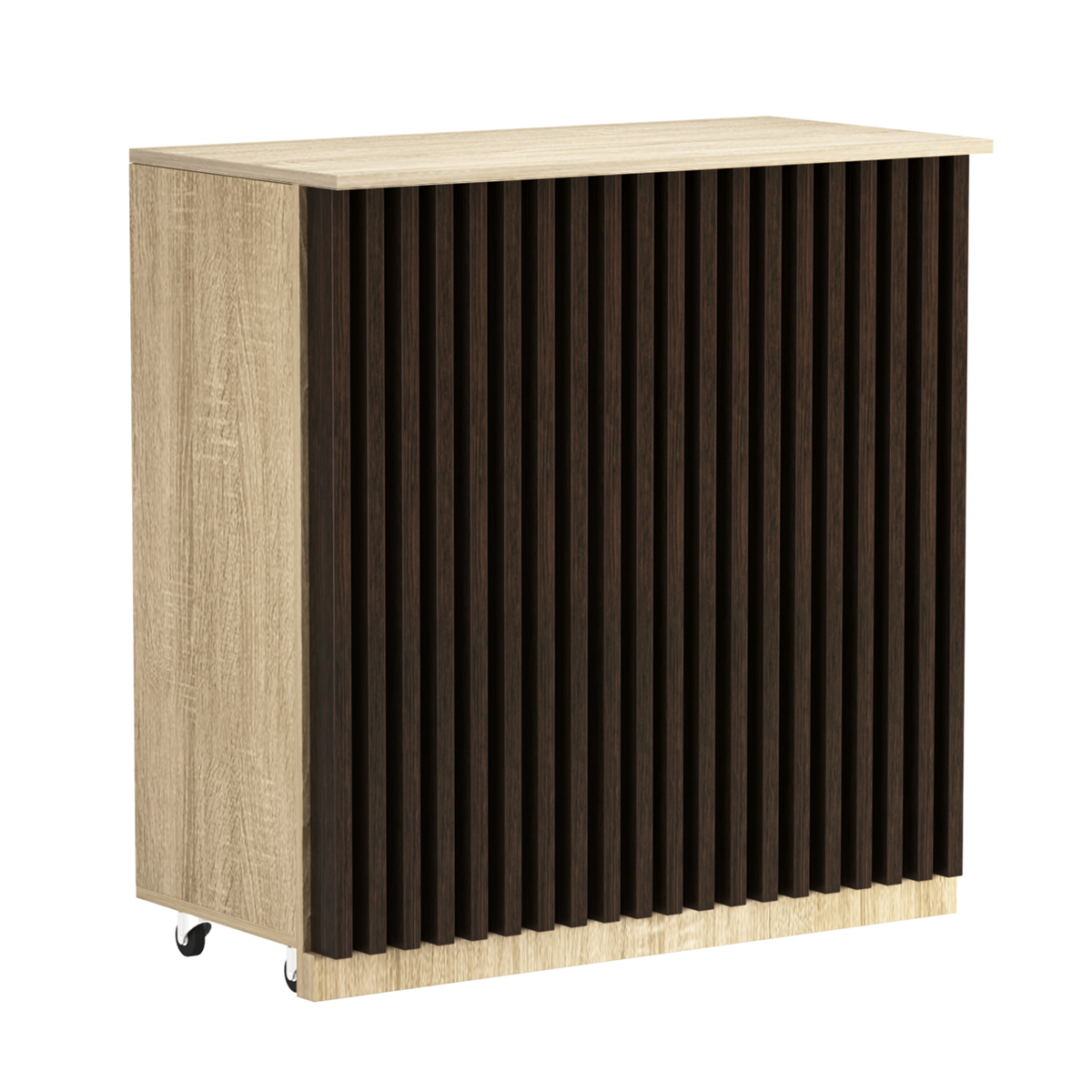 Торговый прилавок под кассу выкатной прямоугольный с планками серии ОРНАМЕНТ №1 Дуб Сонома + Дуб Венге