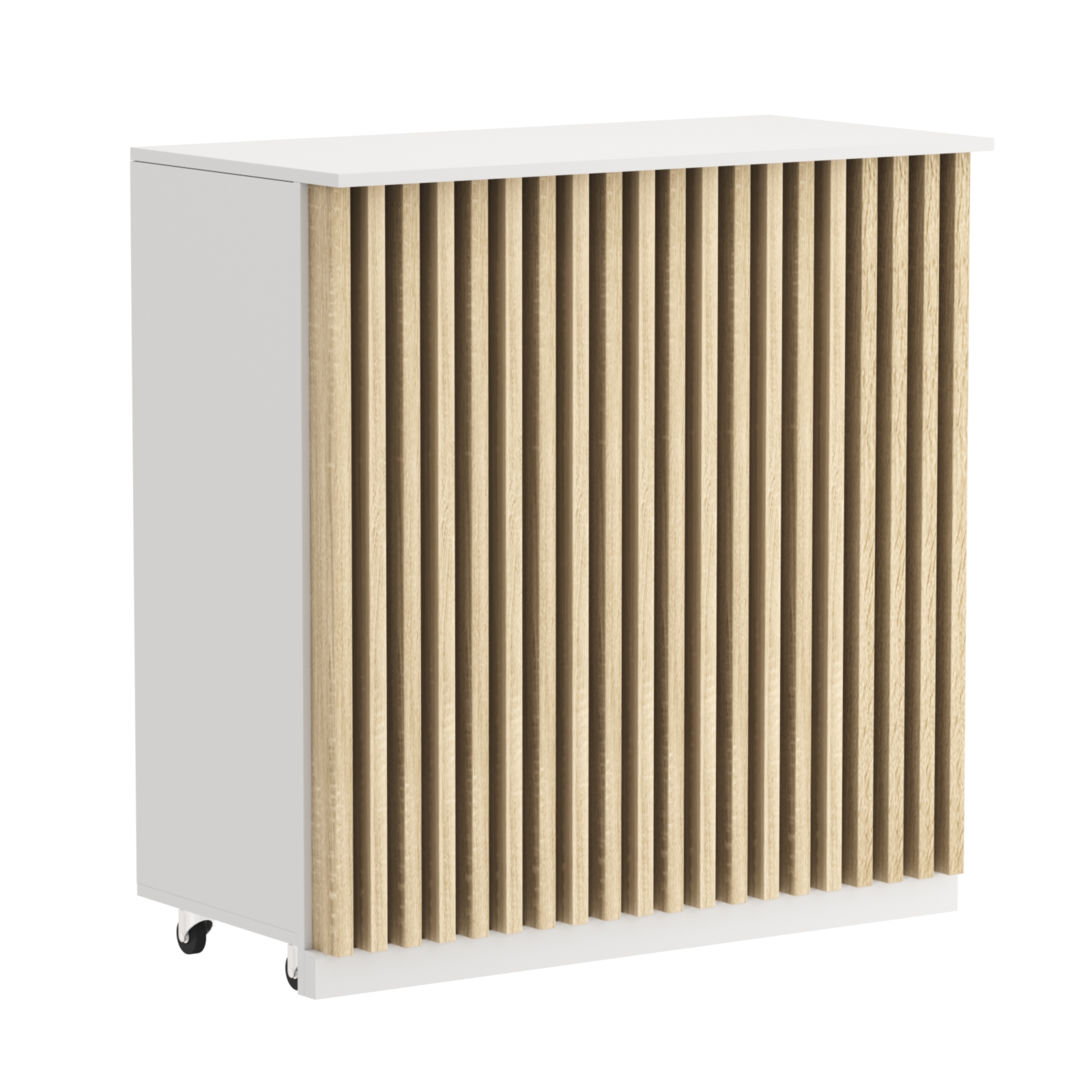 Торговый прилавок под кассу выкатной прямоугольный с планками серии ОРНАМЕНТ №1 Белый + Дуб Сонома