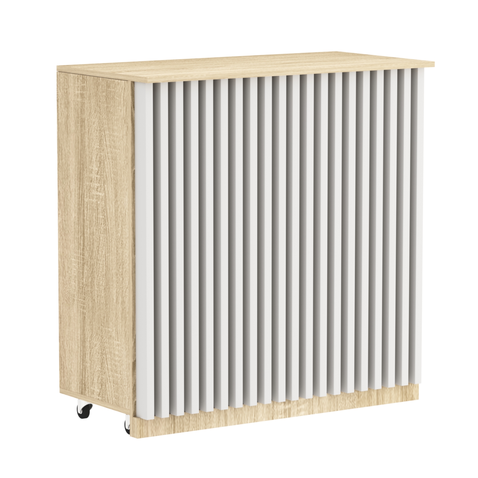 Торговый прилавок под кассу выкатной прямоугольный с планками серии ОРНАМЕНТ №1 Дуб Сонома + Белый