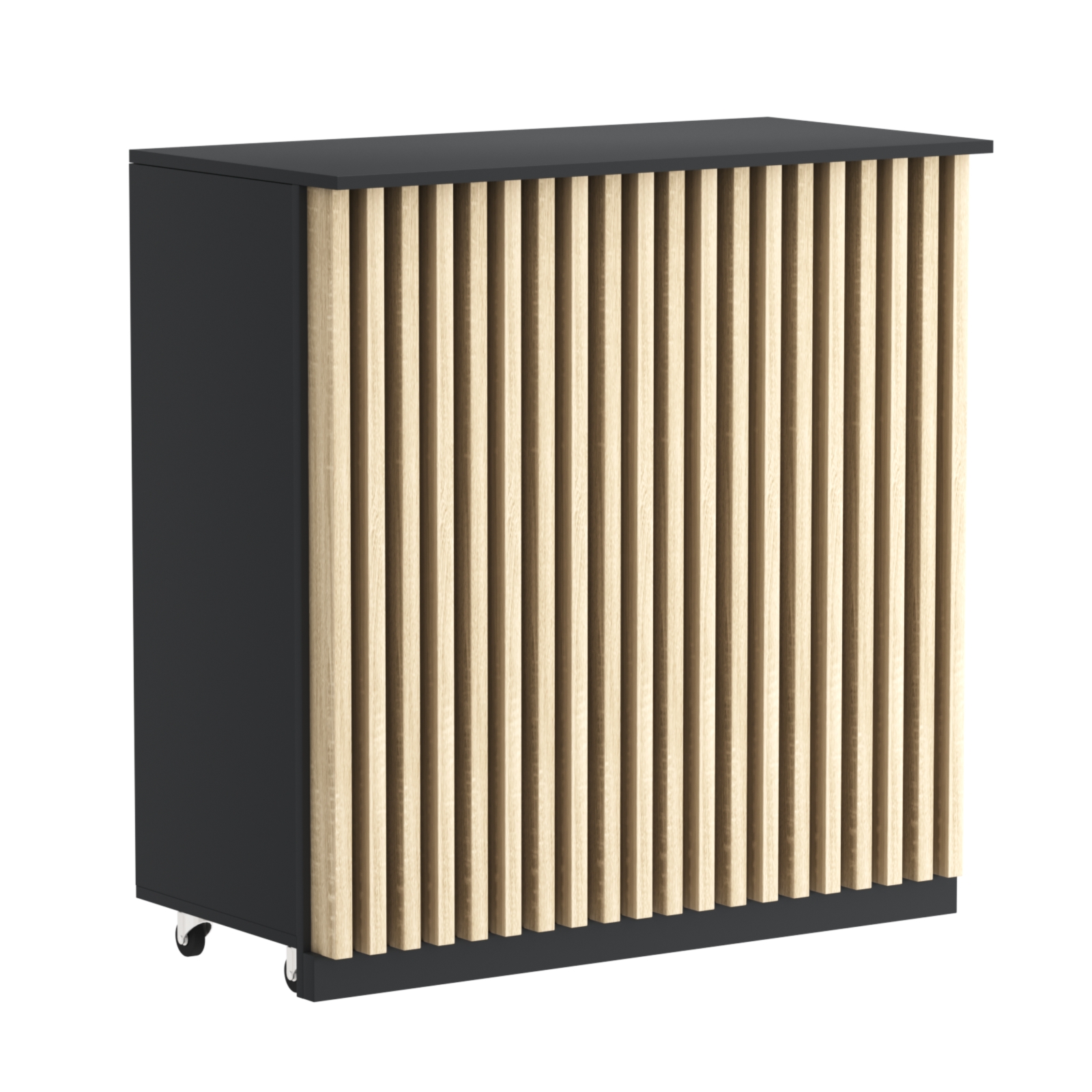 Торговый прилавок под кассу выкатной прямоугольный с планками серии ОРНАМЕНТ №1 Черный + Дуб Сонома