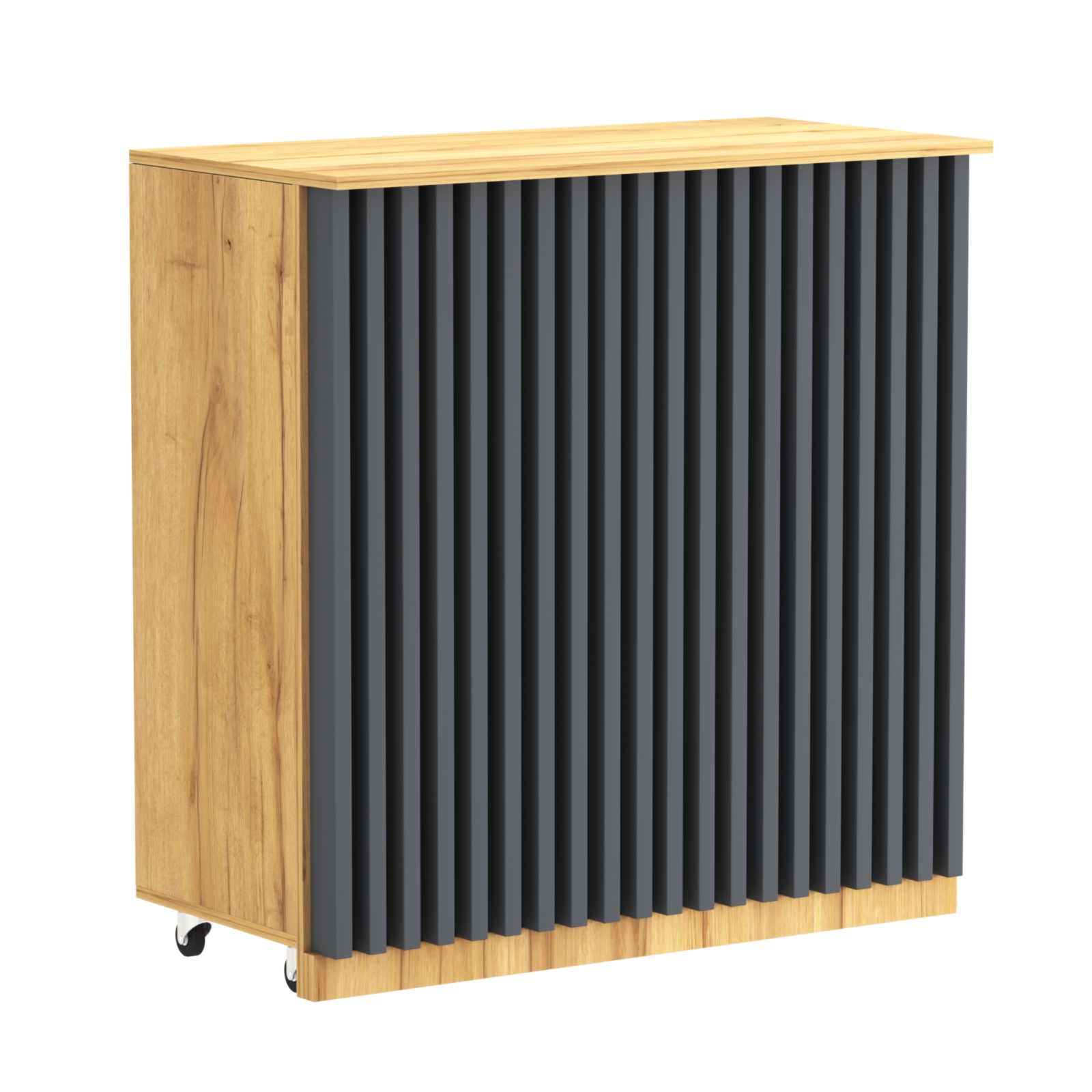 Торговый прилавок под кассу выкатной прямоугольный с планками серии ОРНАМЕНТ №1 Дуб Золотистый и Темно-Серый