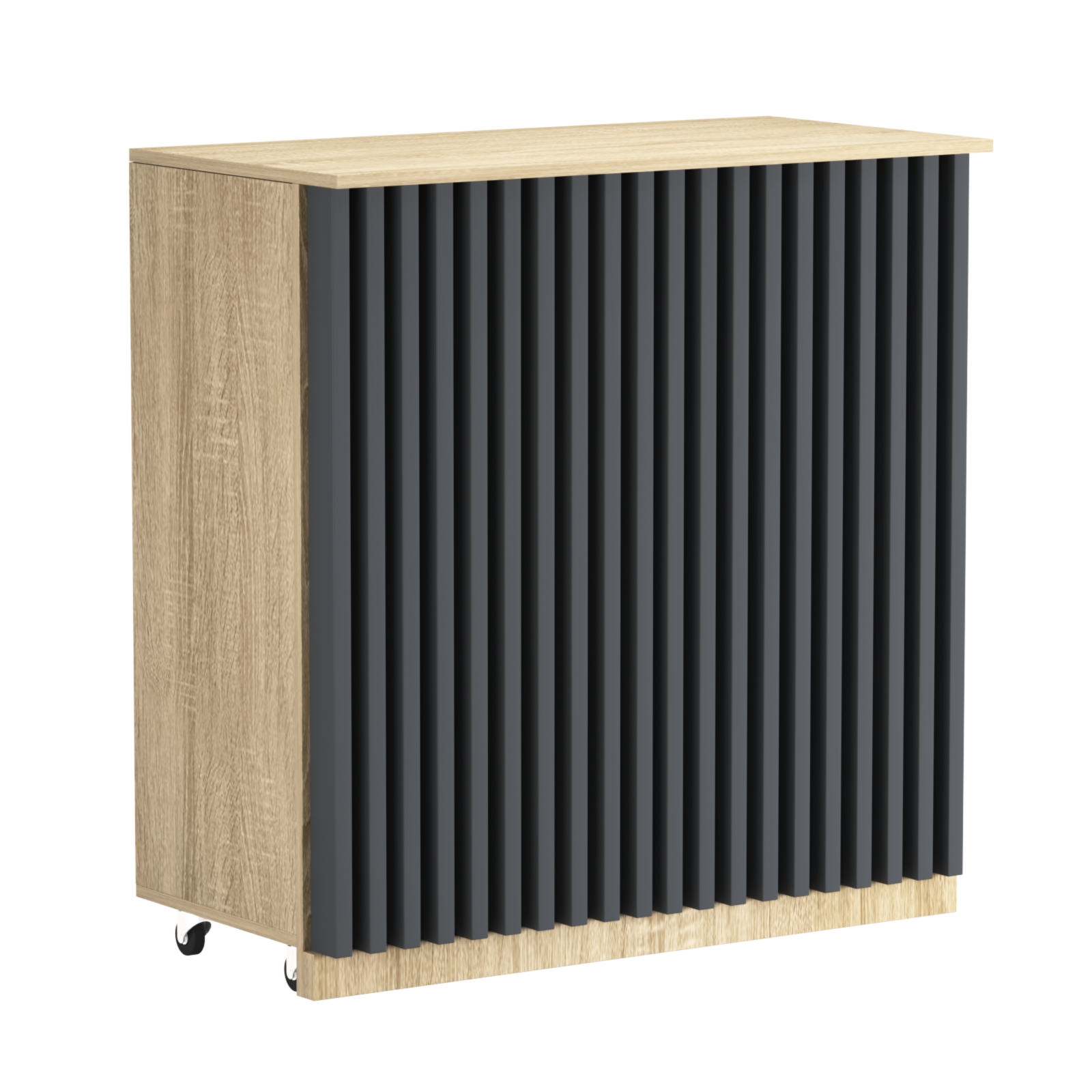 Торговый прилавок под кассу выкатной прямоугольный с планками серии ОРНАМЕНТ №1 Дуб Сонома и Темно-Серый 5-U2601