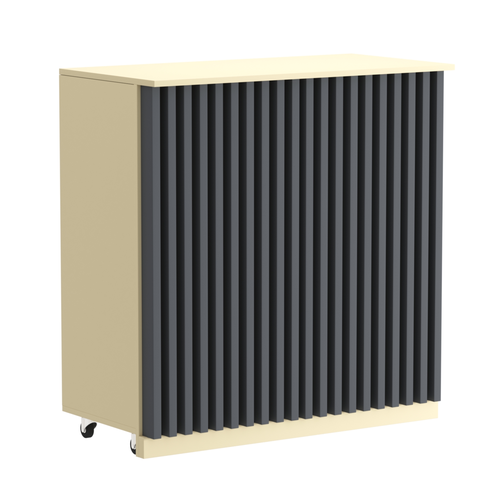 Торговый прилавок под кассу выкатной прямоугольный с планками серии ОРНАМЕНТ №1 Крем Вайс и Темно Серый U2236-U2601