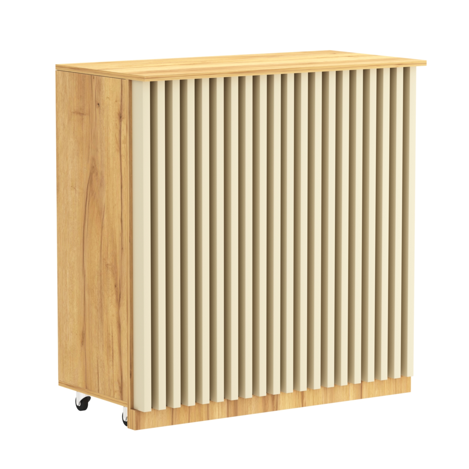 Торговый прилавок под кассу выкатной прямоугольный с планками серии ОРНАМЕНТ №1 Дуб Золотистый и Крем Вайс