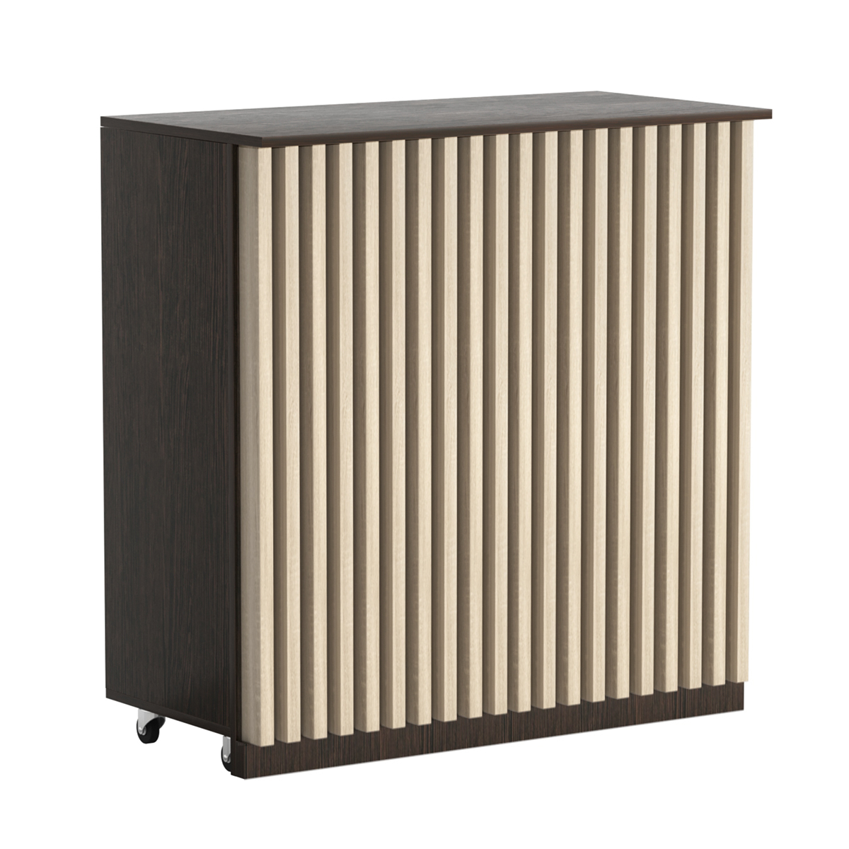 Торговый прилавок под кассу выкатной прямоугольный с планками серии ОРНАМЕНТ №1 Дуб Венге + Дуб Сонома