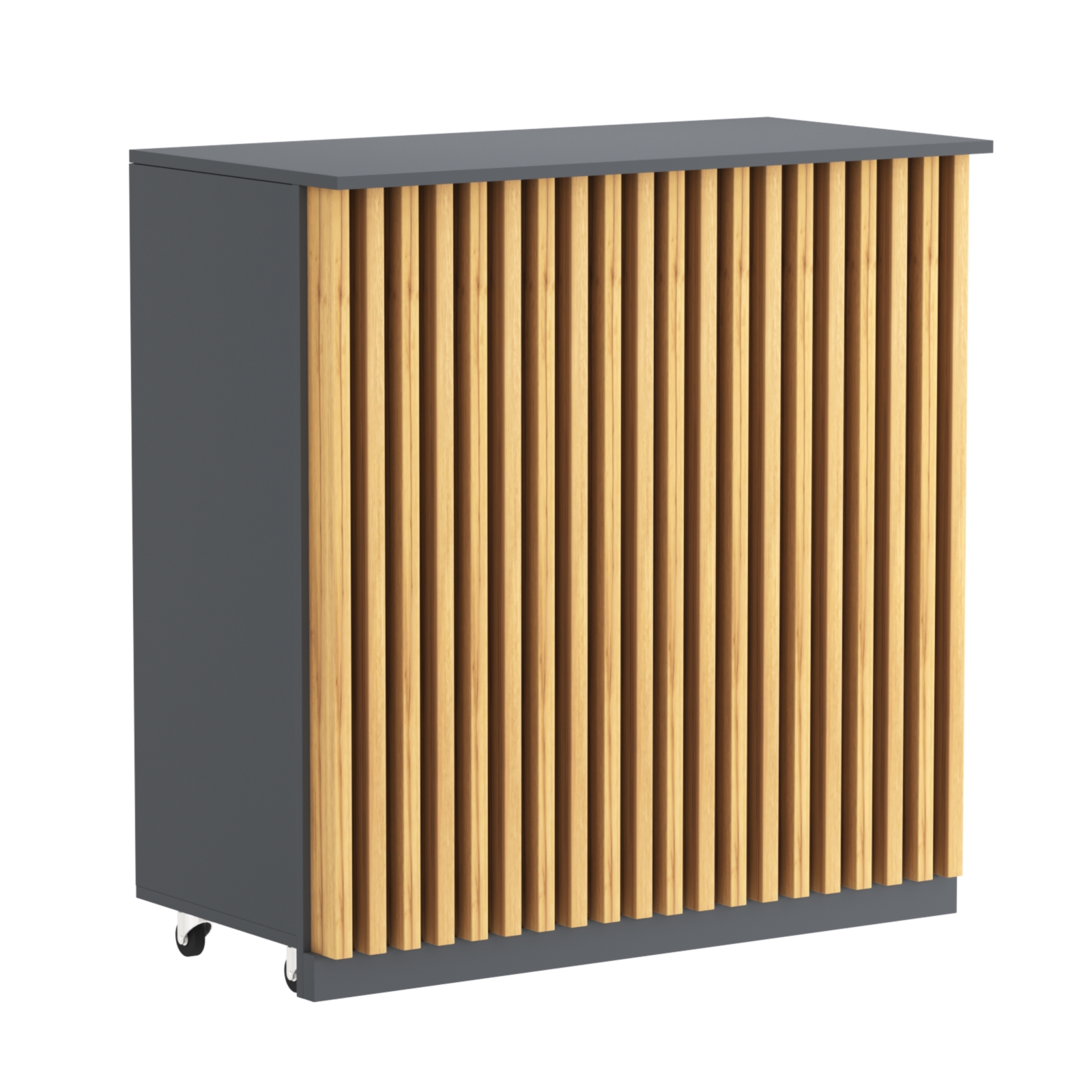 Торговый прилавок под кассу выкатной прямоугольный с планками серии ОРНАМЕНТ №1 Темно-Серый  + Дуб Золотистый