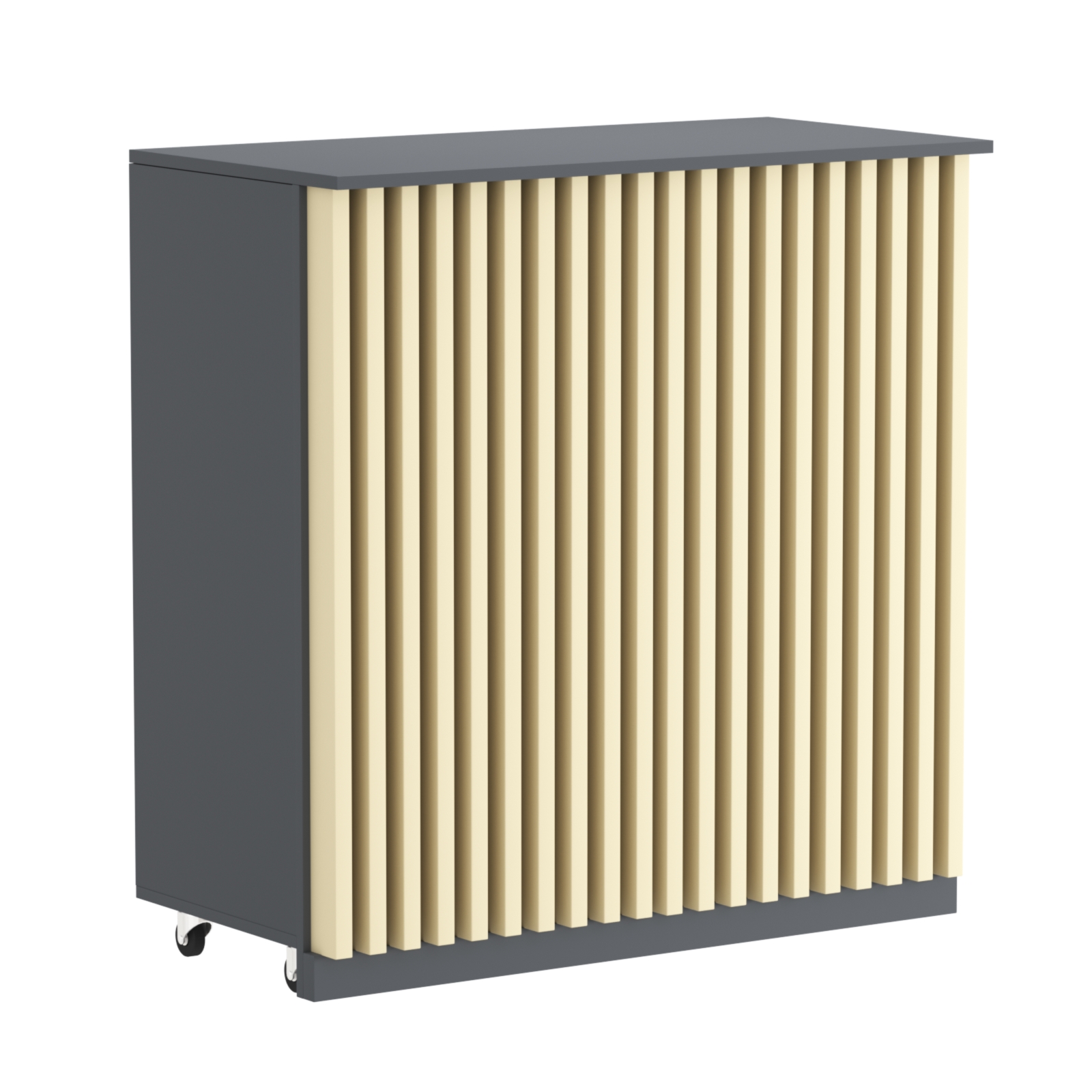 Торговый прилавок под кассу выкатной прямоугольный с планками серии ОРНАМЕНТ №1 Темно-серый + Крем Вайс