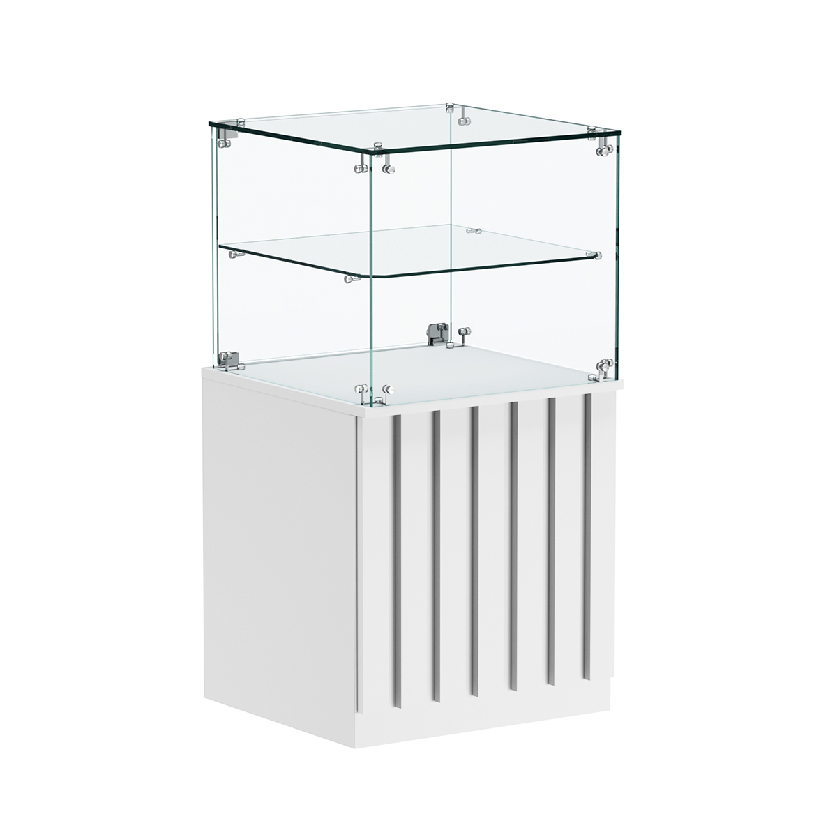 Торговый прилавок квадратный с планками и стеклянной полкой серии ПРИЛИВ №41 Белый