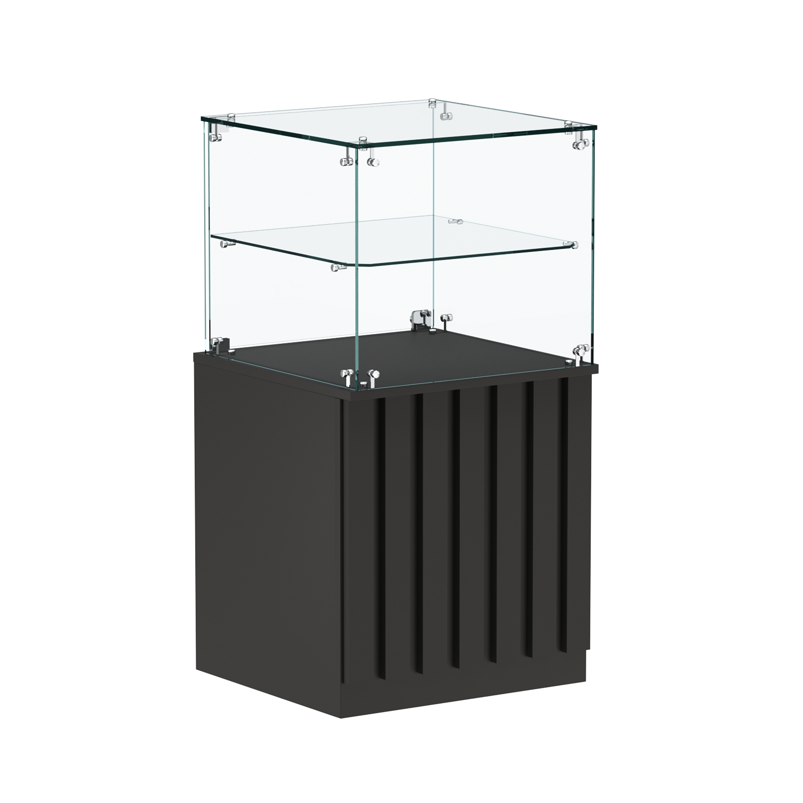 Торговый прилавок квадратный с планками и стеклянной полкой серии ПРИЛИВ №41 Черный