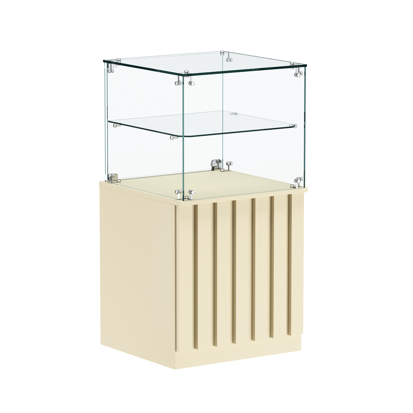 Торговый прилавок квадратный с планками и стеклянной полкой серии ПРИЛИВ №41 Крем Вайс