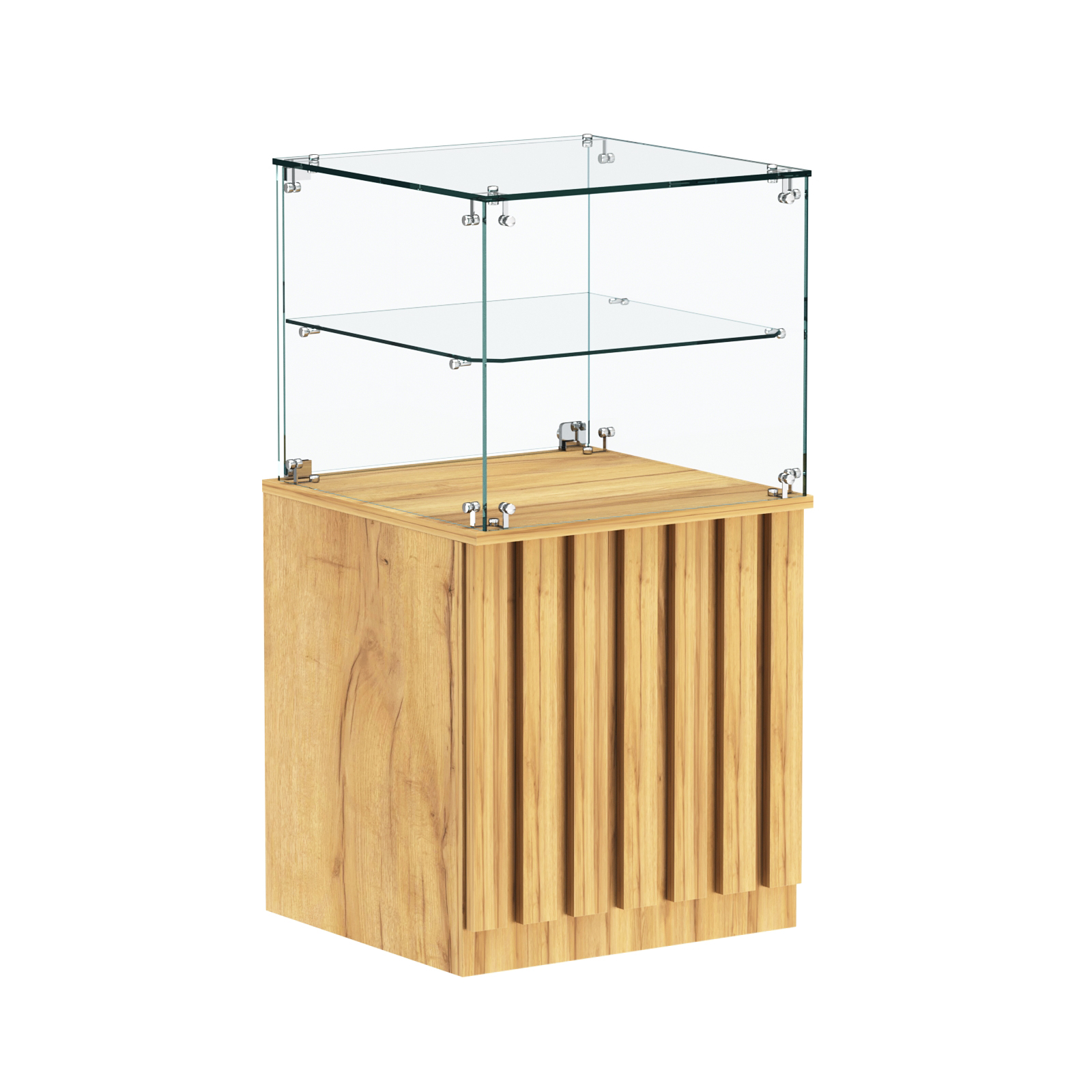 Торговый прилавок квадратный с планками и стеклянной полкой серии ПРИЛИВ №41 Дуб Золотистый