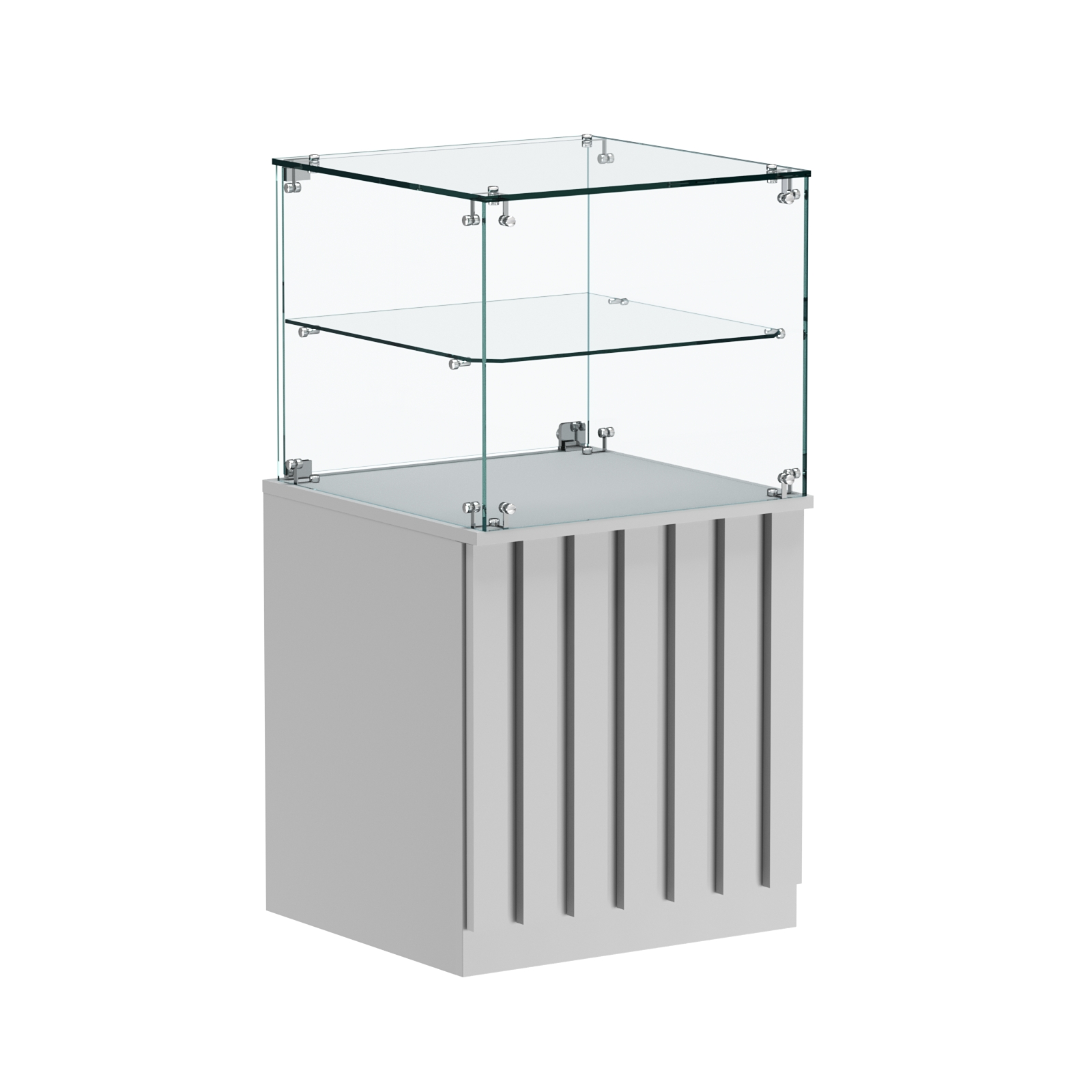 Торговый прилавок квадратный с планками и стеклянной полкой серии ПРИЛИВ №41 Серый