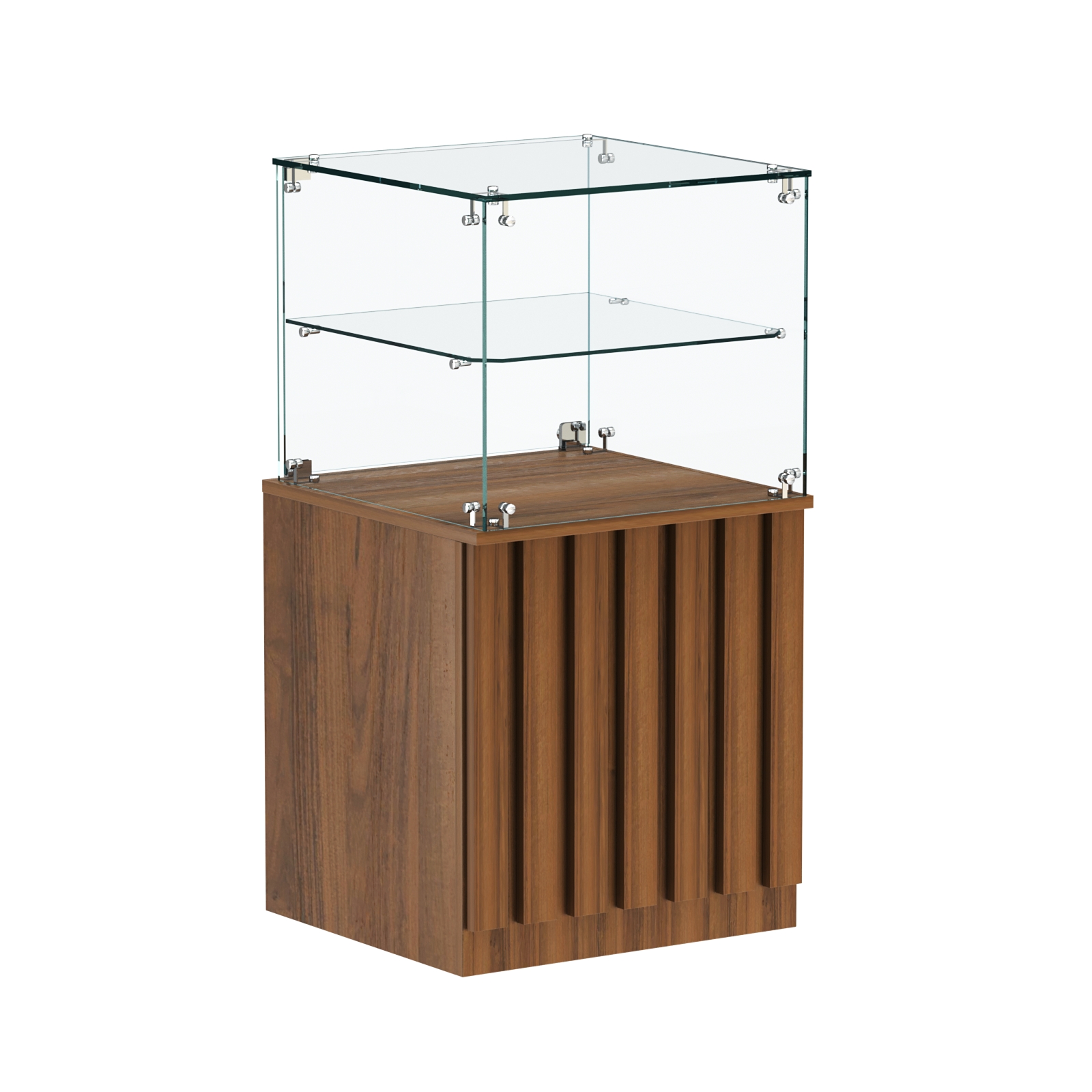 Торговый прилавок квадратный с планками и стеклянной полкой серии ПРИЛИВ №41 Орех