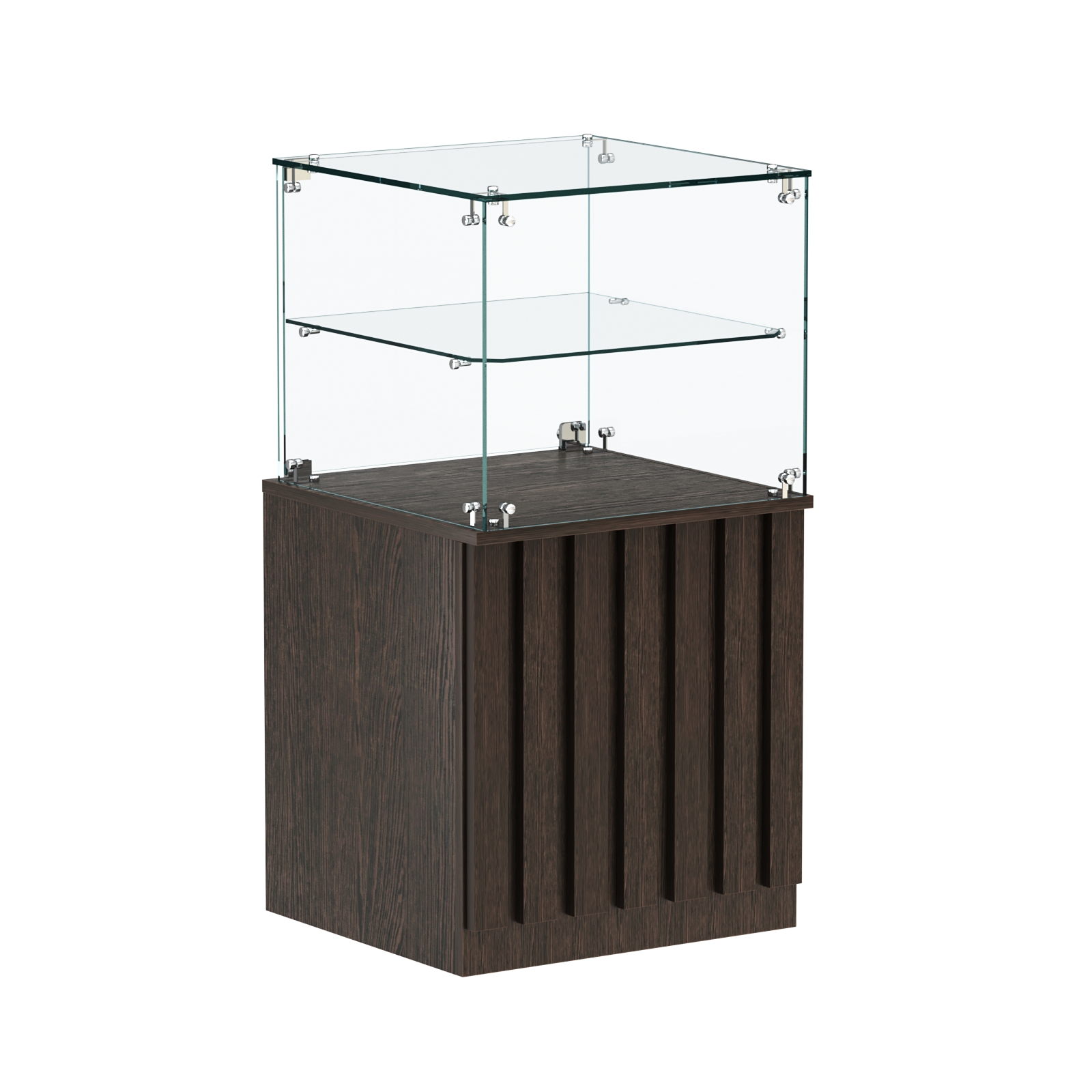 Торговый прилавок квадратный с планками и стеклянной полкой серии ПРИЛИВ №41 Дуб Венге