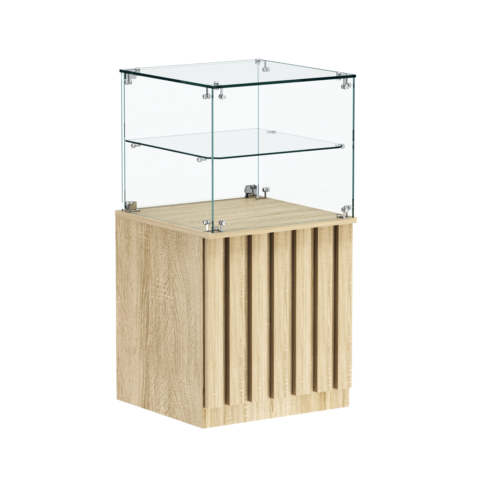 Торговый прилавок квадратный с планками и стеклянной полкой серии ПРИЛИВ №41 Дуб сонома