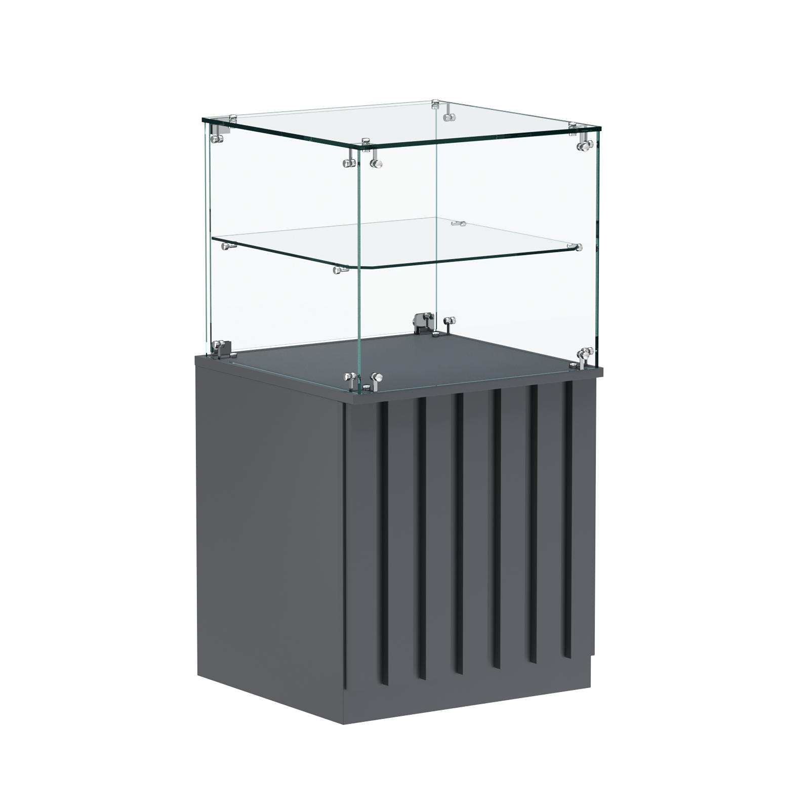 Торговый прилавок квадратный с планками и стеклянной полкой серии ПРИЛИВ №41 Темно-Серый