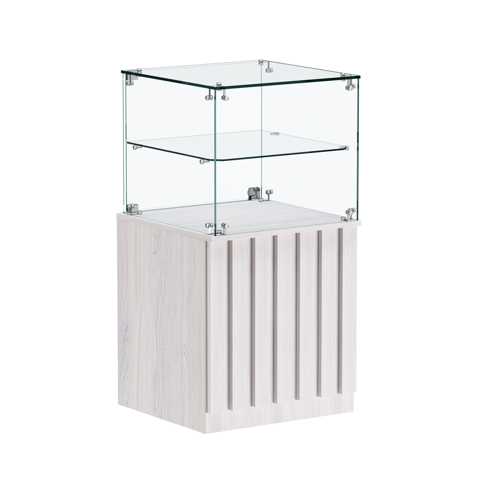 Торговый прилавок квадратный с планками и стеклянной полкой серии ПРИЛИВ №41 Ясень Анкор светлый