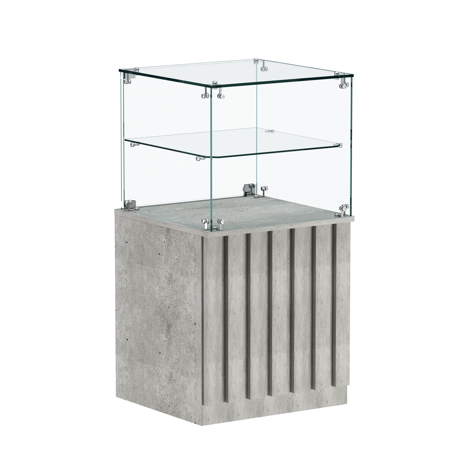 Торговый прилавок квадратный с планками и стеклянной полкой серии ПРИЛИВ №41 Метрополитан Грей