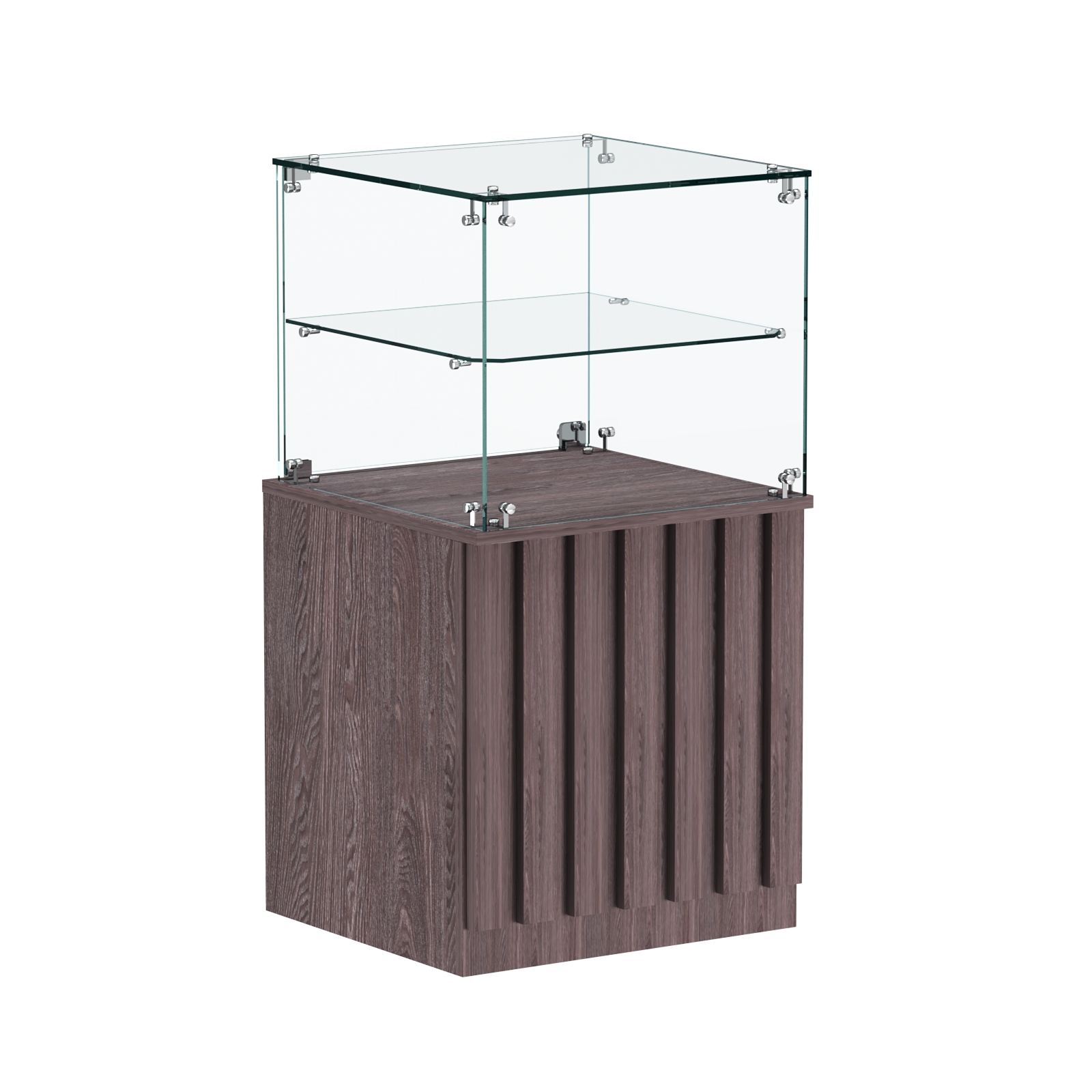Торговый прилавок квадратный с планками и стеклянной полкой серии ПРИЛИВ №41 Ясень Анкор темный
