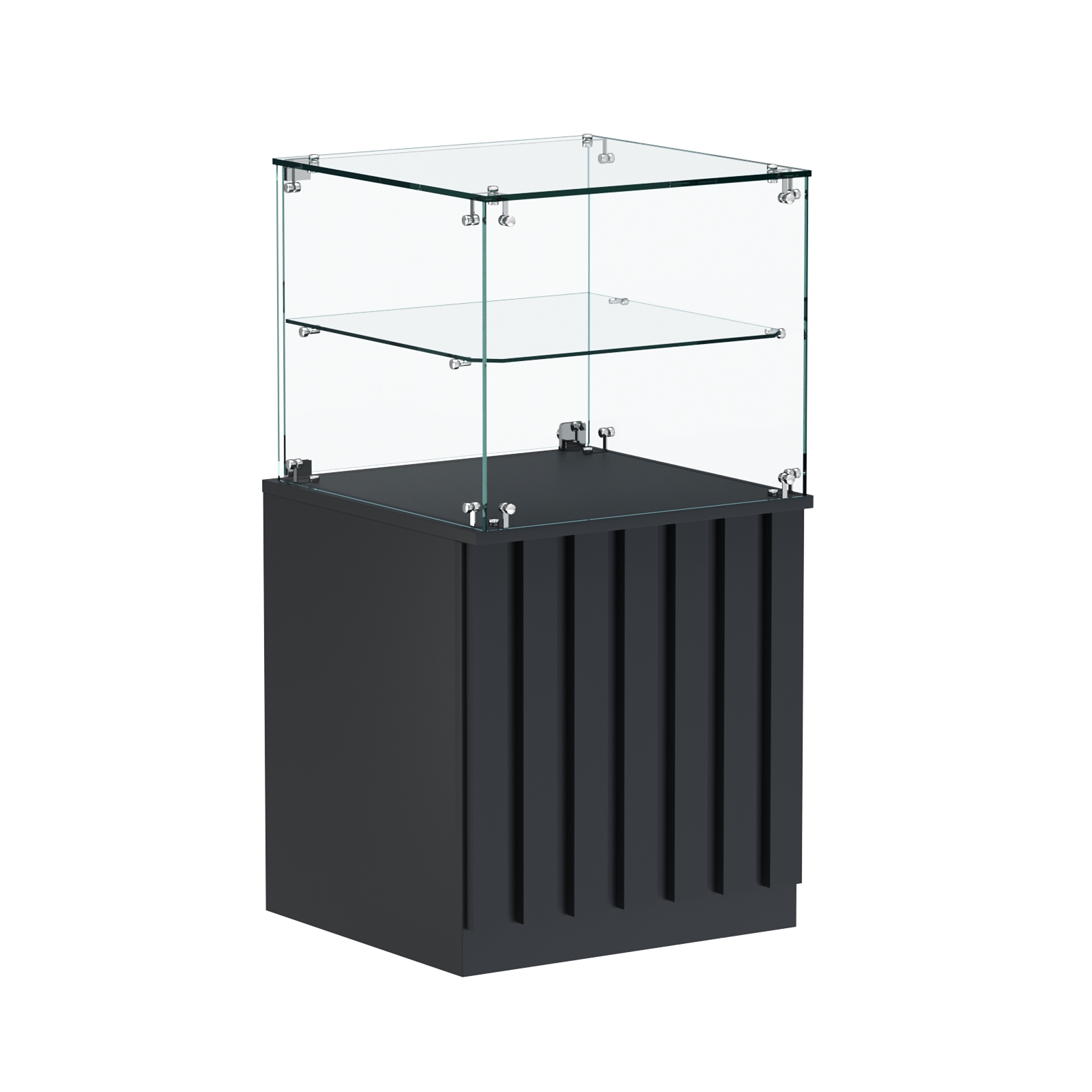 Торговый прилавок квадратный с планками и стеклянной полкой серии ПРИЛИВ №41 Антрацит