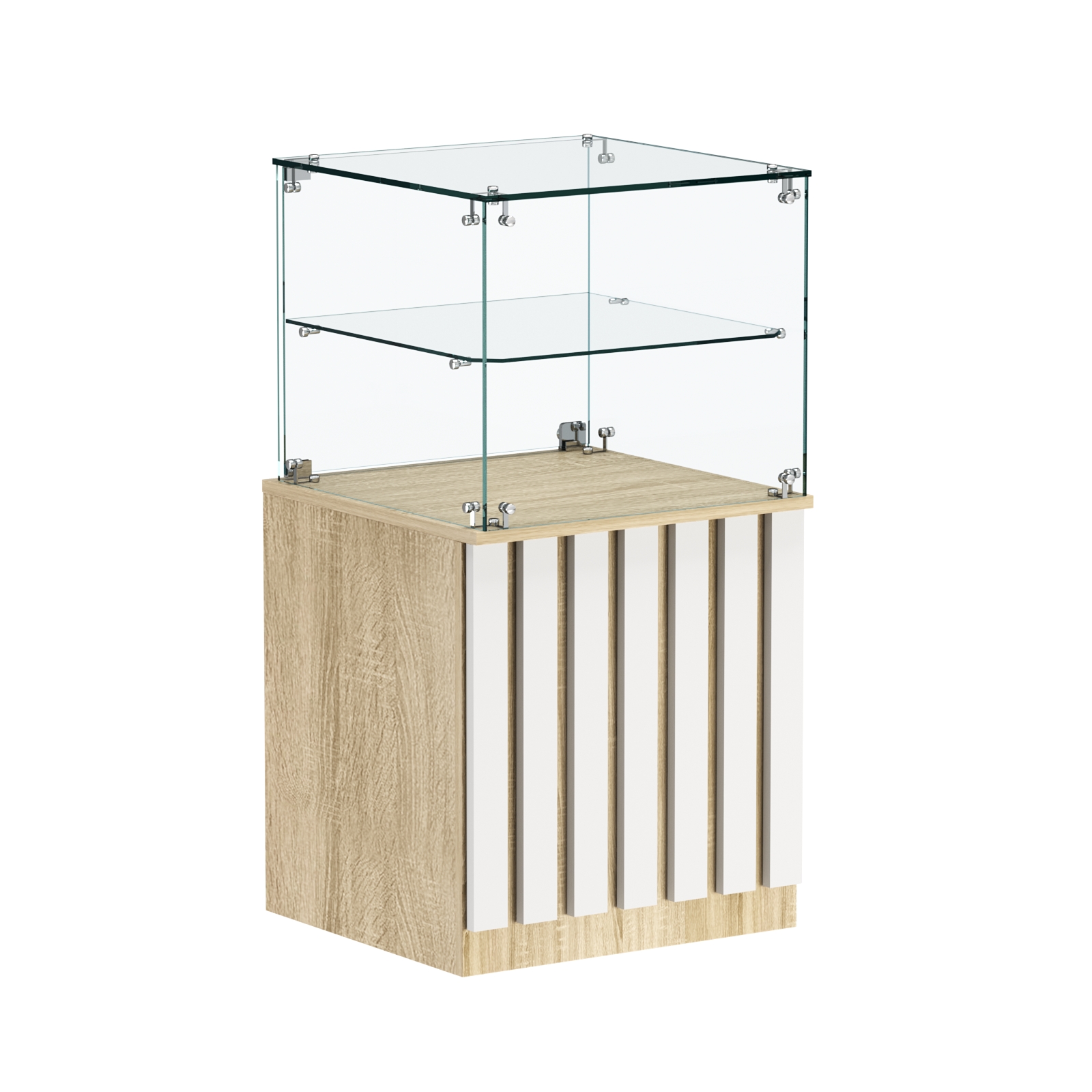 Торговый прилавок квадратный с планками и стеклянной полкой серии ПРИЛИВ №41 Дуб Сонома + Белый