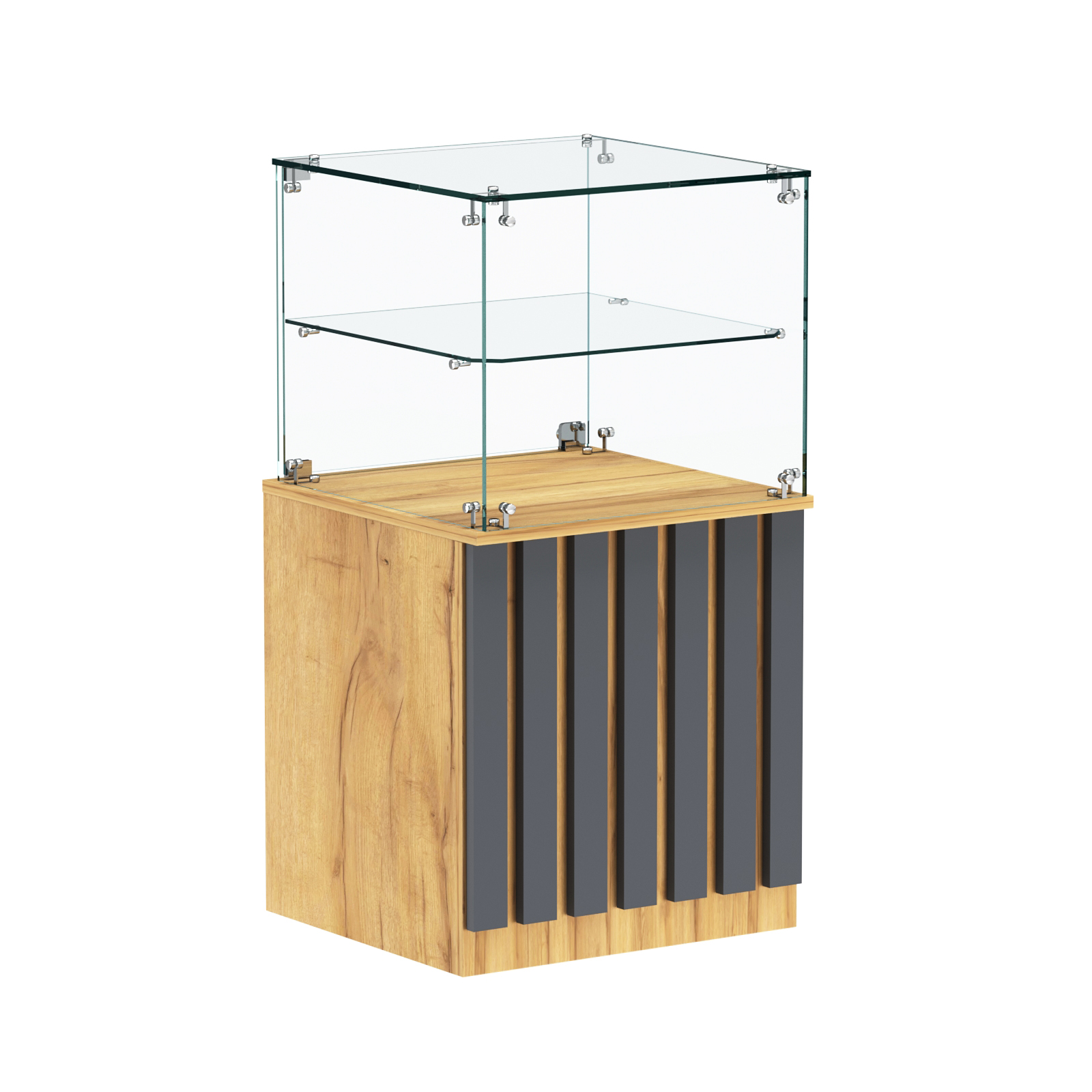 Торговый прилавок квадратный с планками и стеклянной полкой серии ПРИЛИВ №41 Дуб Золотистый и Темно-Серый