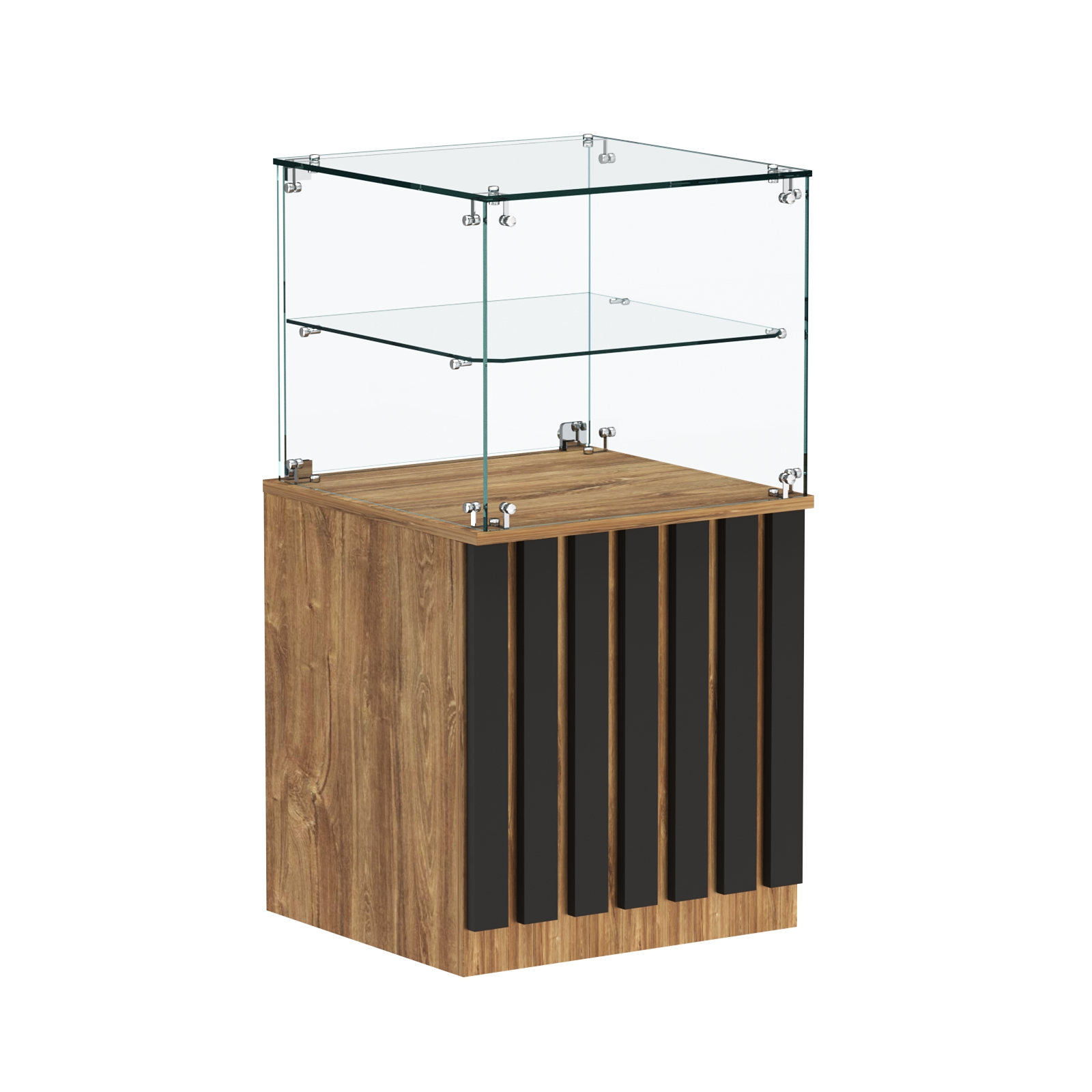 Торговый прилавок квадратный с планками и стеклянной полкой серии ПРИЛИВ №41 Дуб Канзас Коричнерый + черный