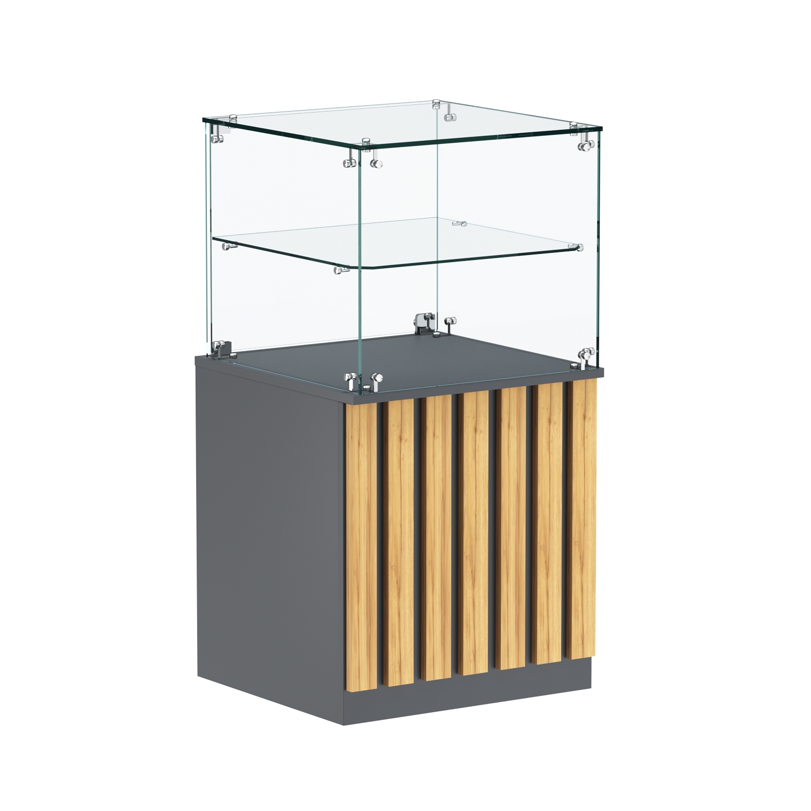 Торговый прилавок квадратный с планками и стеклянной полкой серии ПРИЛИВ №41 Темно-Серый  + Дуб Золотистый