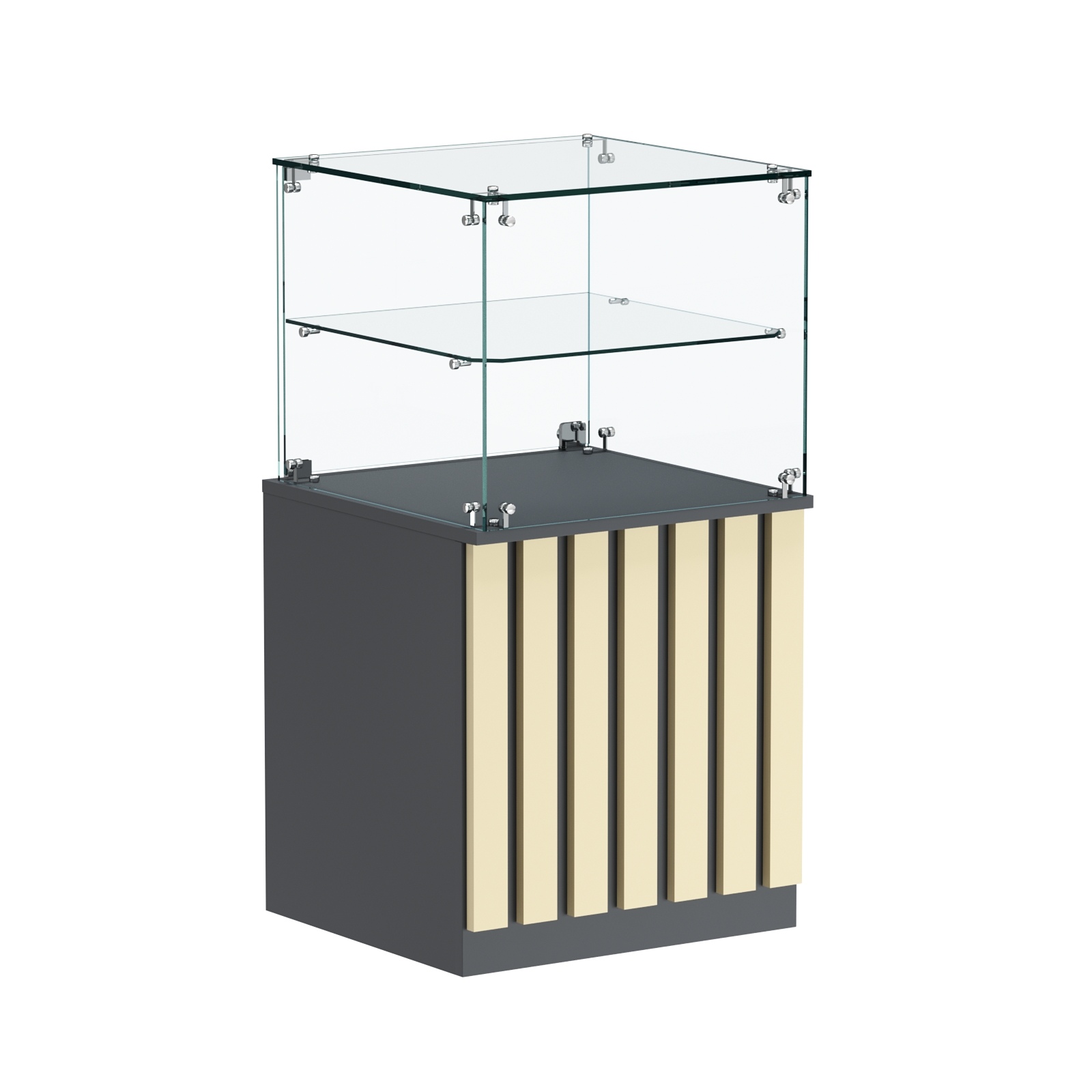 Торговый прилавок квадратный с планками и стеклянной полкой серии ПРИЛИВ №41 Темно-серый + Крем Вайс