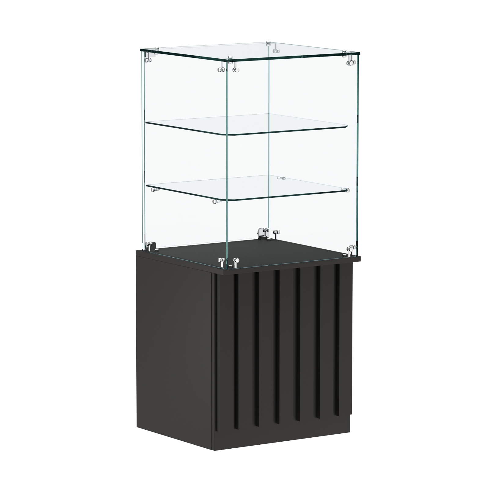 Торговый прилавок квадратный с планками и двумя стеклянными полками серии ПРИЛИВ №42 Черный