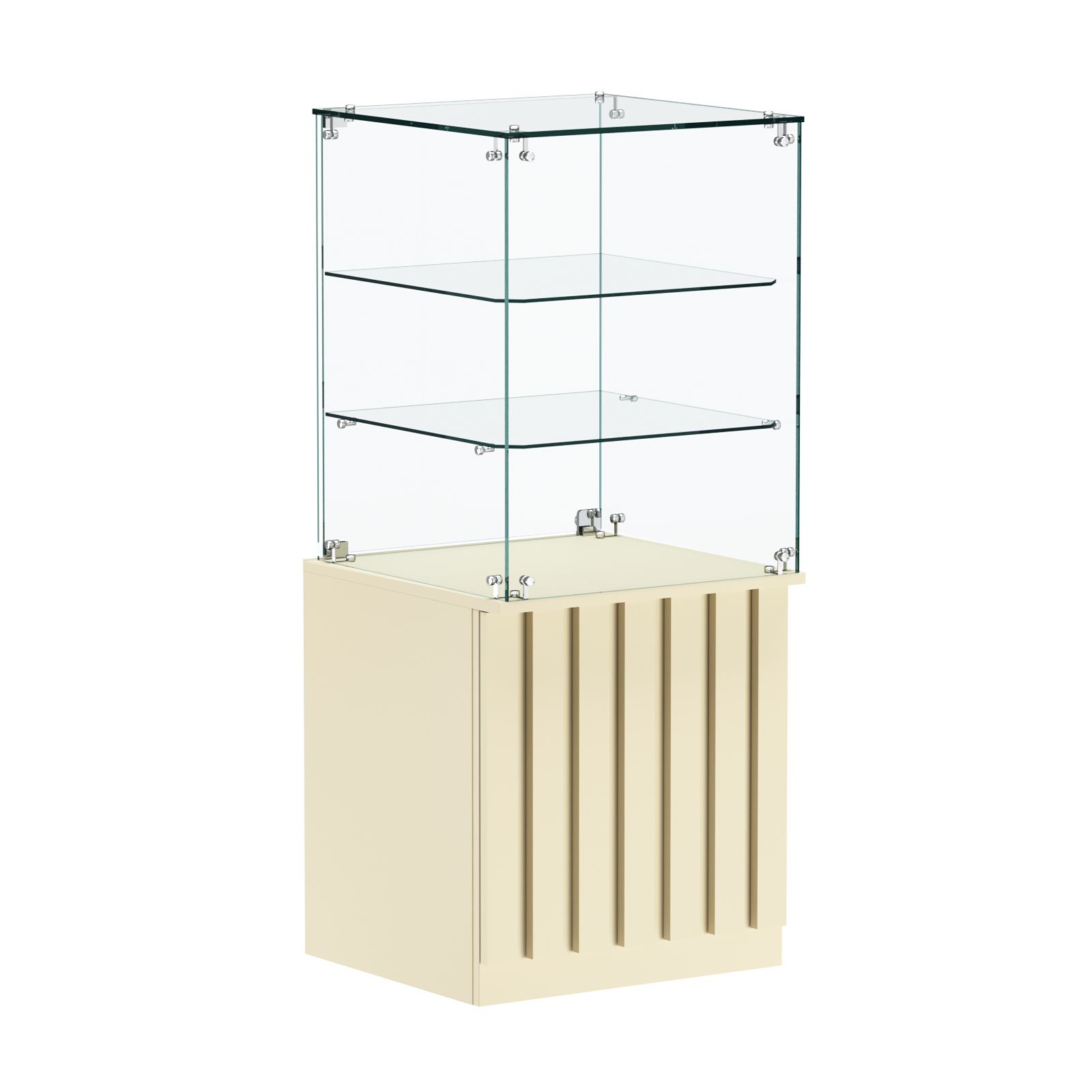 Торговый прилавок квадратный с планками и двумя стеклянными полками серии ПРИЛИВ №42 Крем Вайс