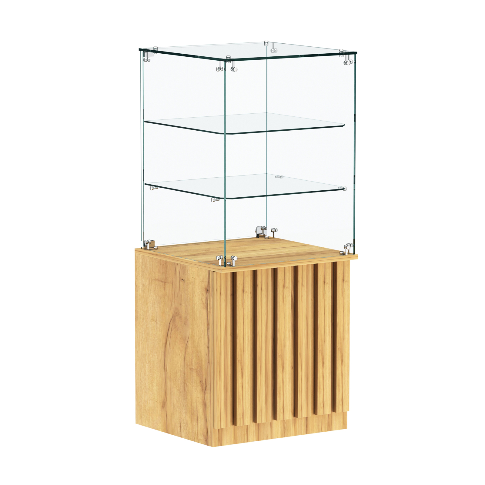 Торговый прилавок квадратный с планками и двумя стеклянными полками серии ПРИЛИВ №42 Дуб Золотистый