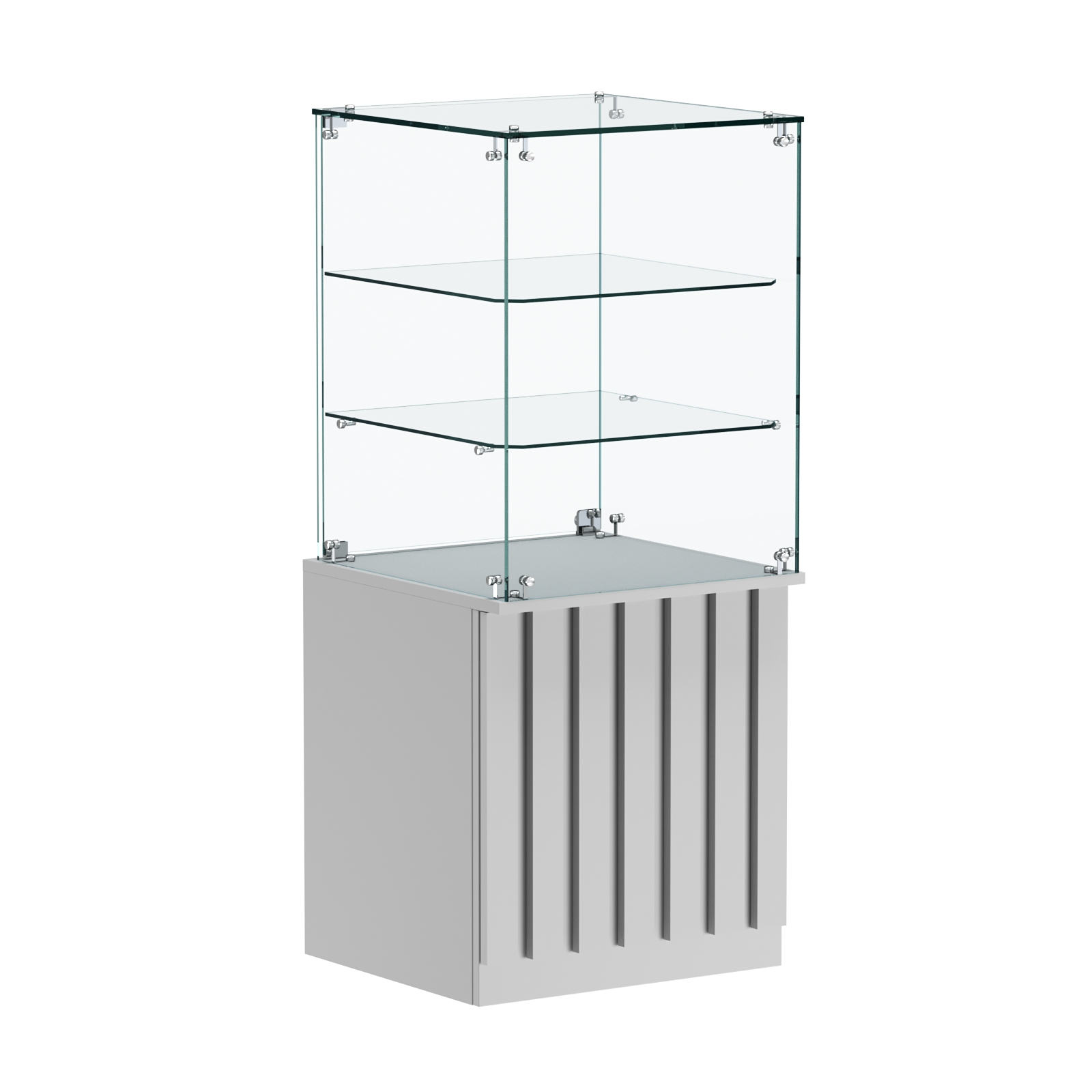 Торговый прилавок квадратный с планками и двумя стеклянными полками серии ПРИЛИВ №42 Серый